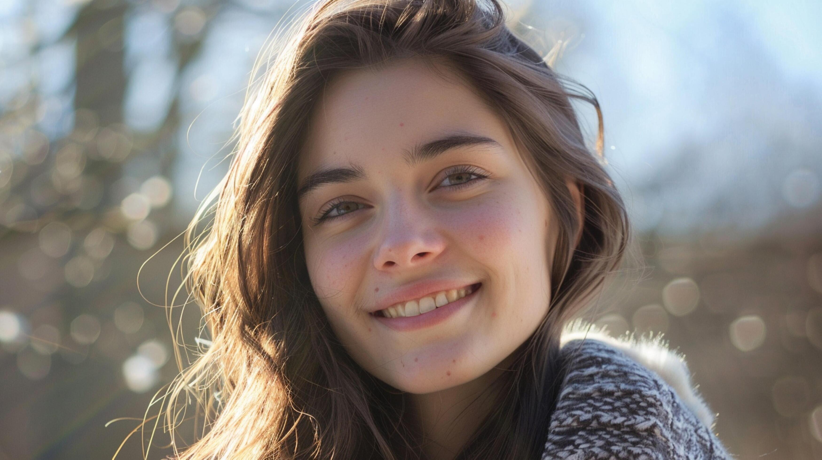 young woman with long brown hair smiling Stock Free