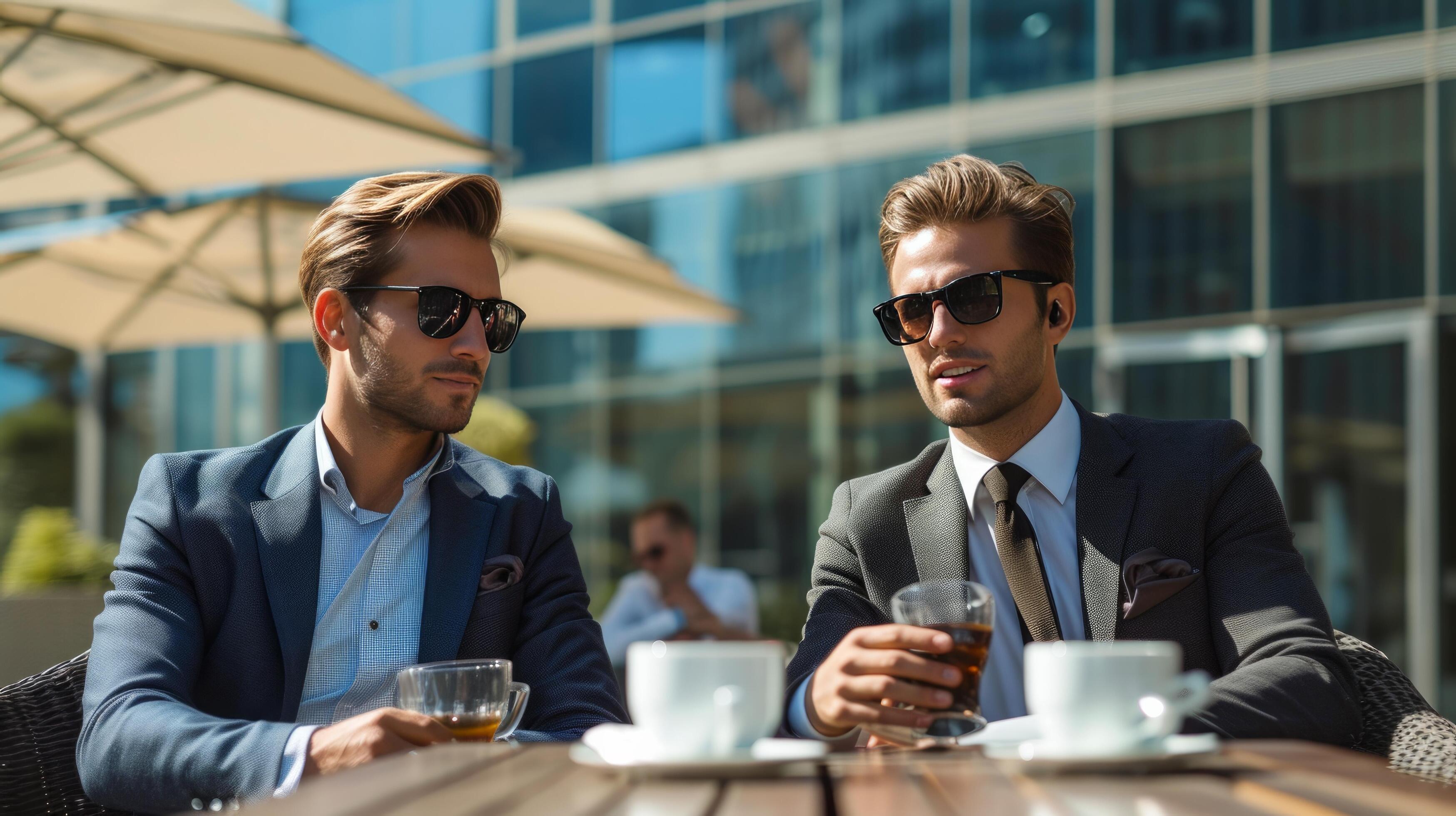 AI generated Two young handsome businessmen drinking coffee at a meeting against the backdrop of a modern business center Stock Free