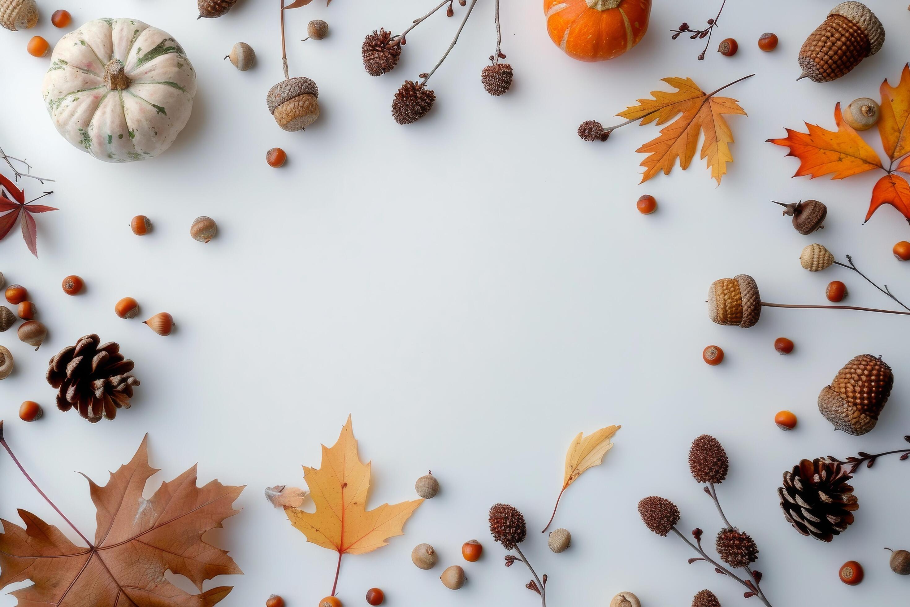 Autumn Leaves and Pumpkins on Marble Background Stock Free