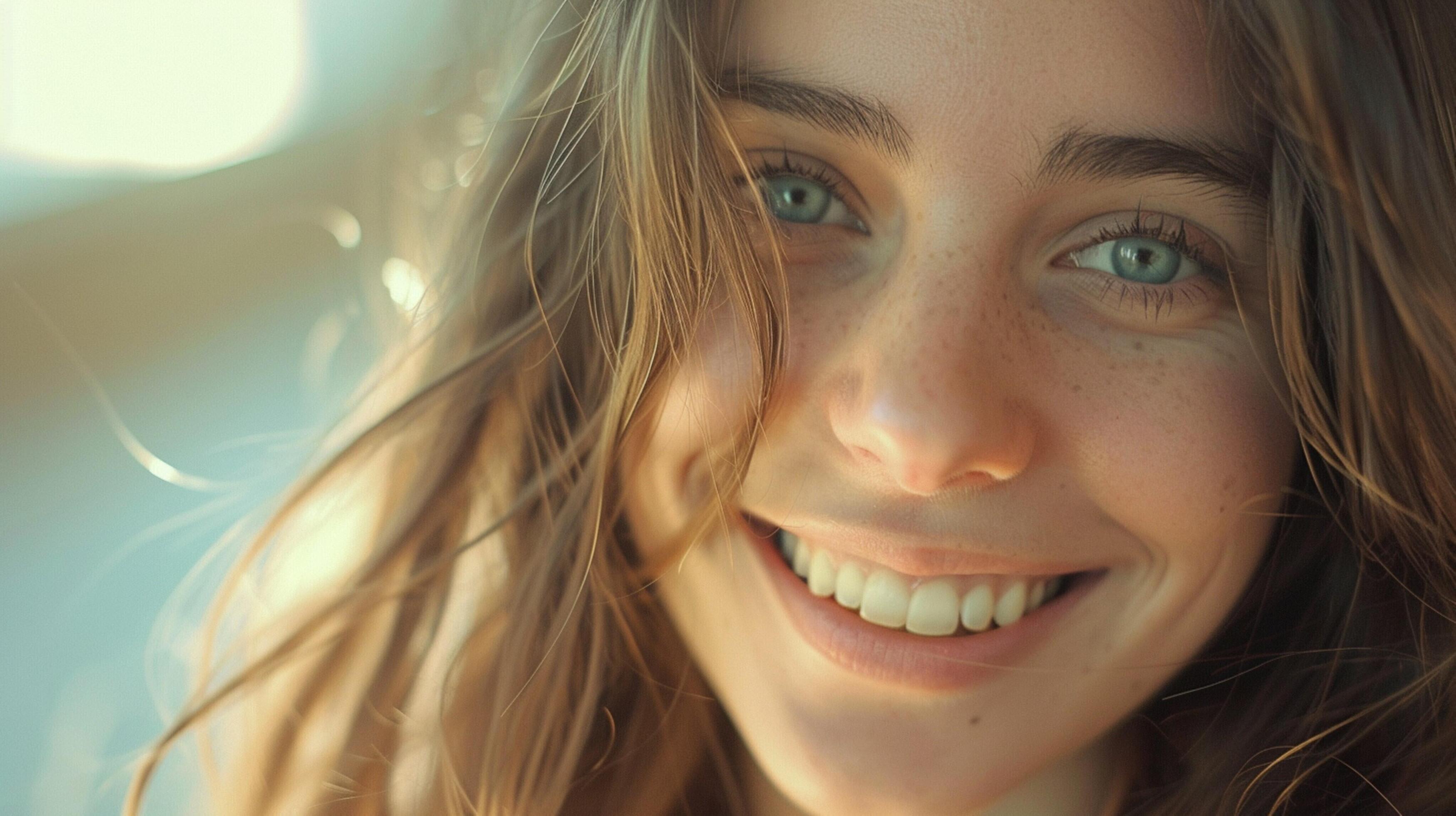 young woman with long brown hair smiling Stock Free