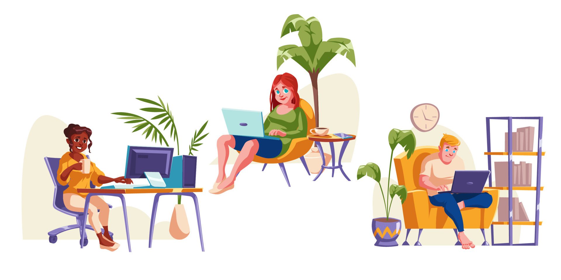 People work at home office sitting in chair Free Vector