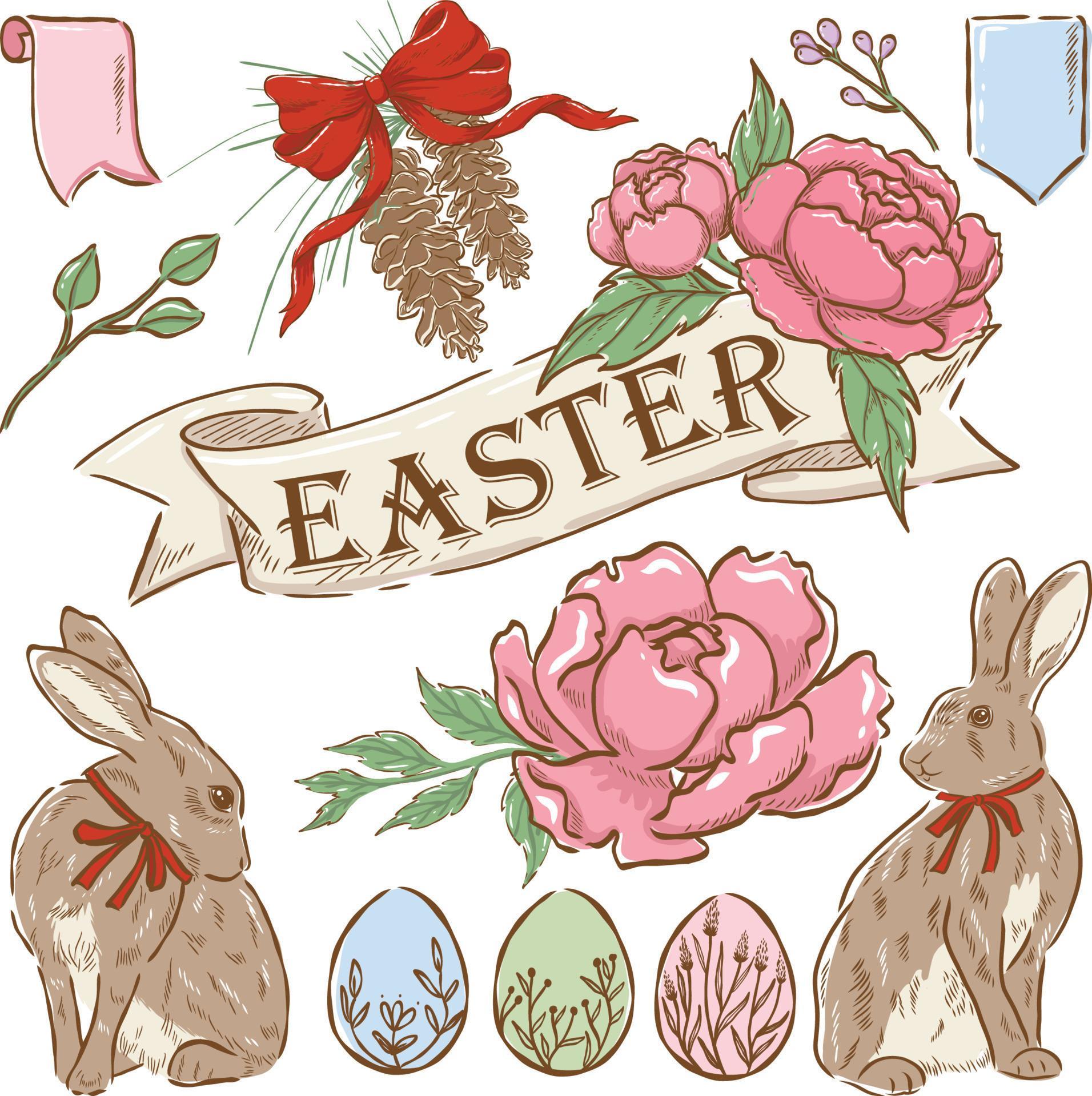 Illustration hand drawn rabbit,easter egg,flower vintage style Stock Free