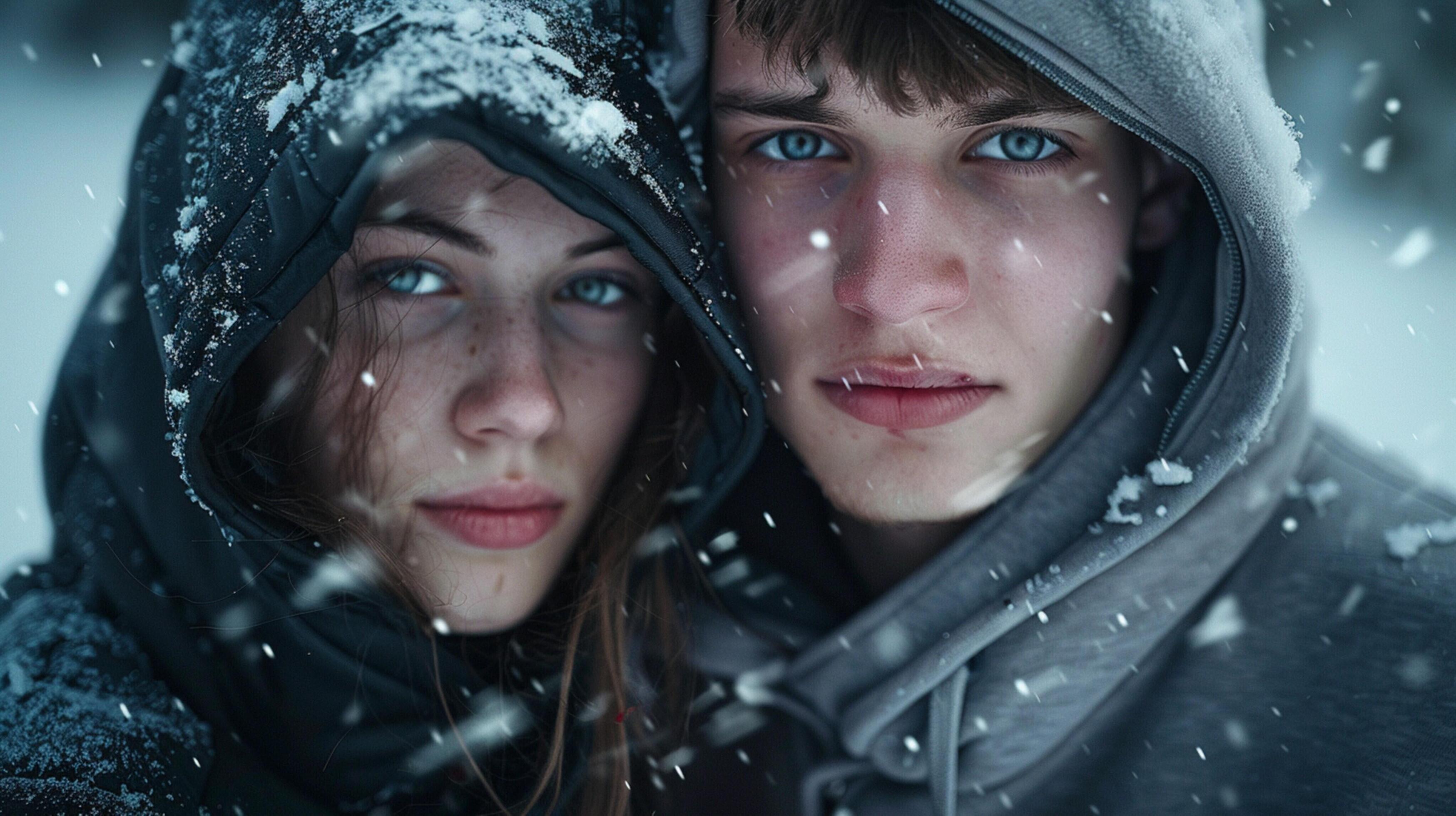 young couple in hooded shirts looking at camera Stock Free