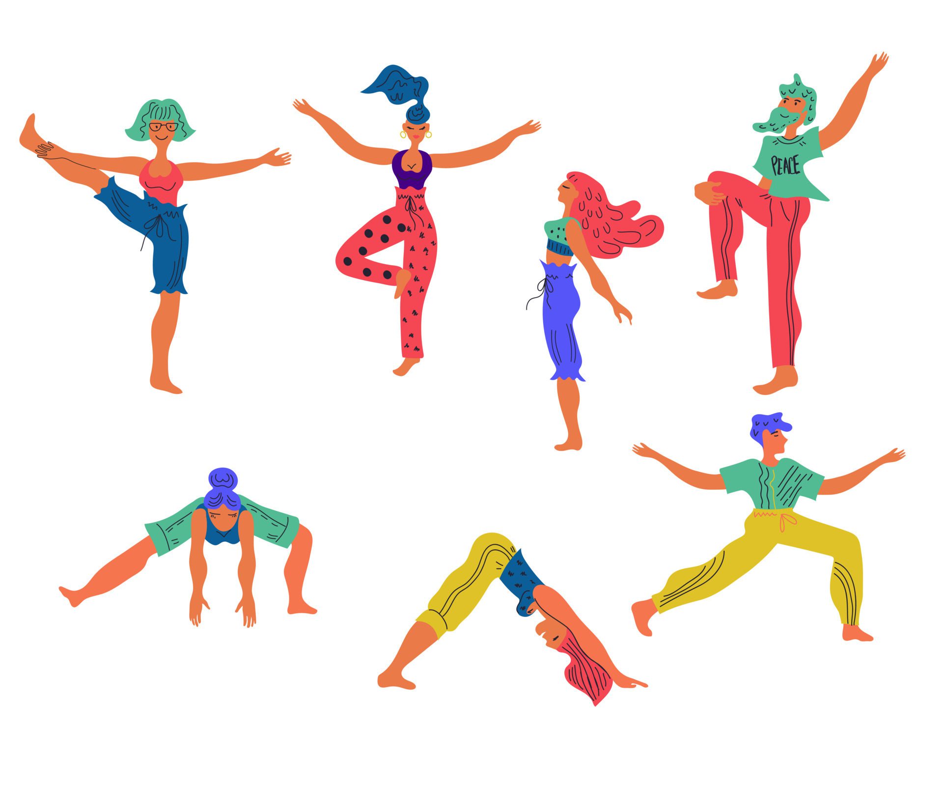 People doing yoga exercises. Body care and healthy fitness activity collection, flat cartoon vector illustration isolated. Free Vector