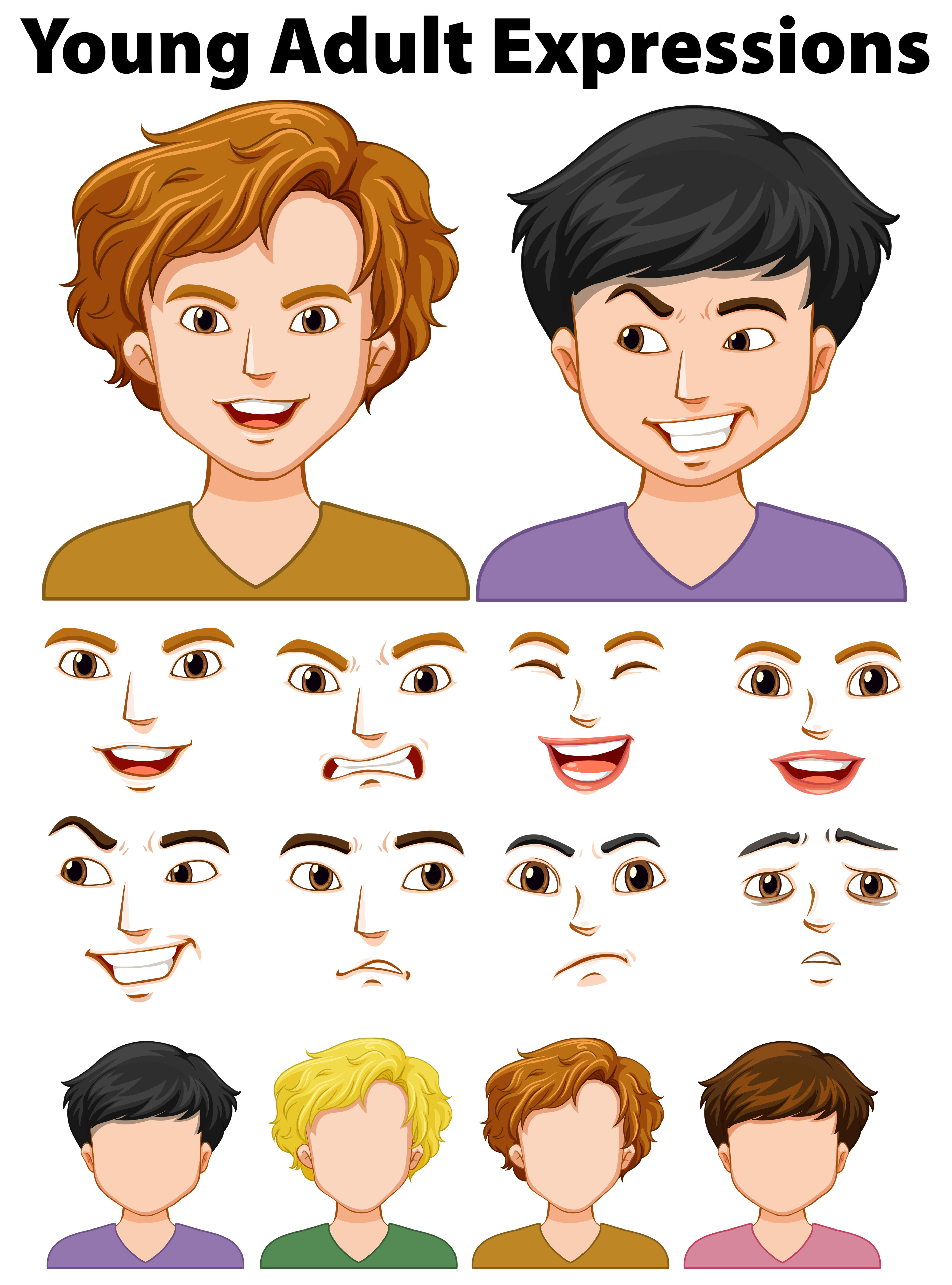 Young people expressions with different faces Free Vector