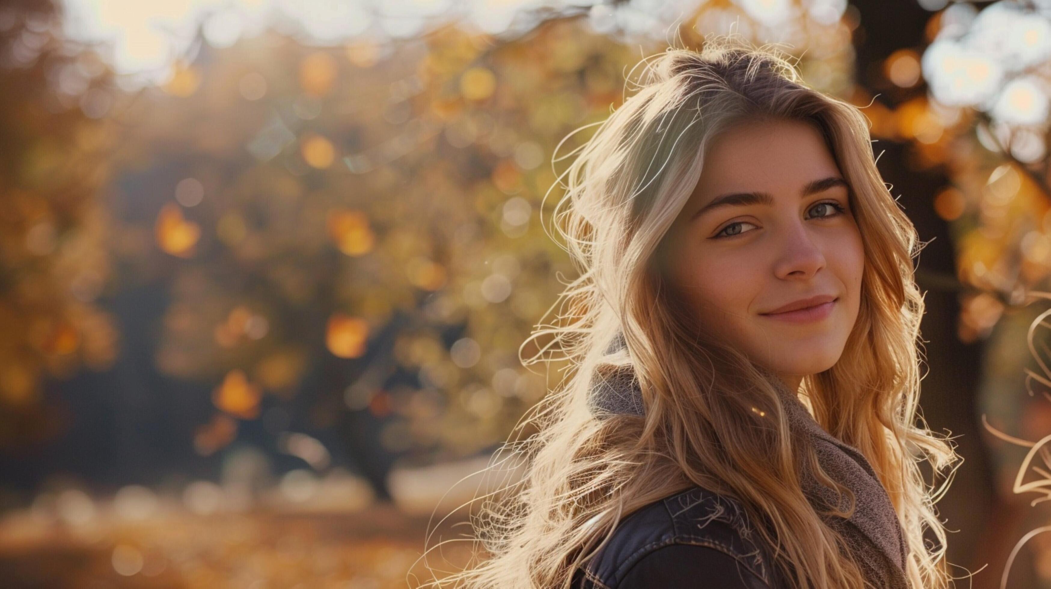 young woman with long blond hair enjoying autumn Stock Free