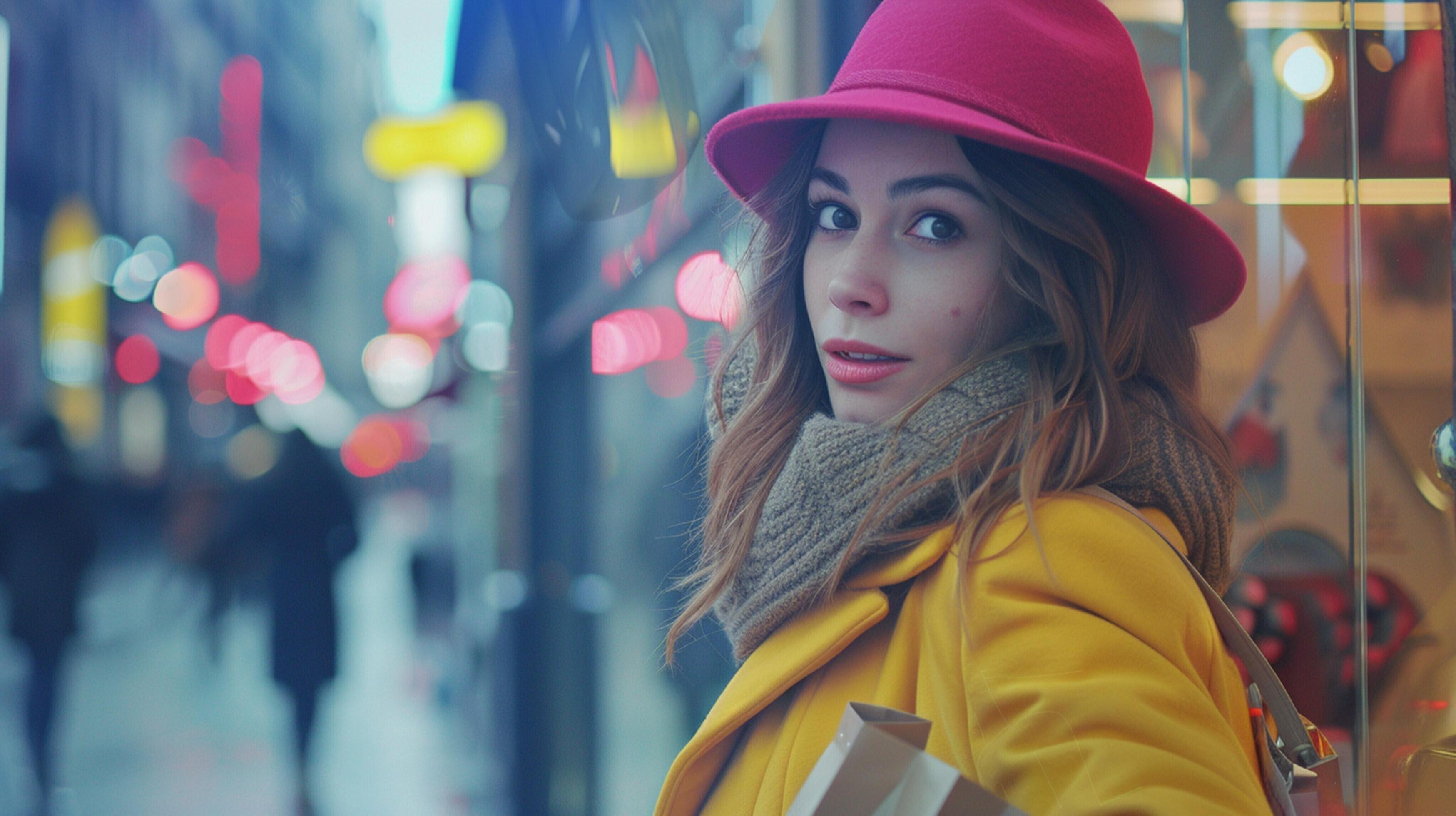 
									young woman holding shopping bag in city boutique Stock Free