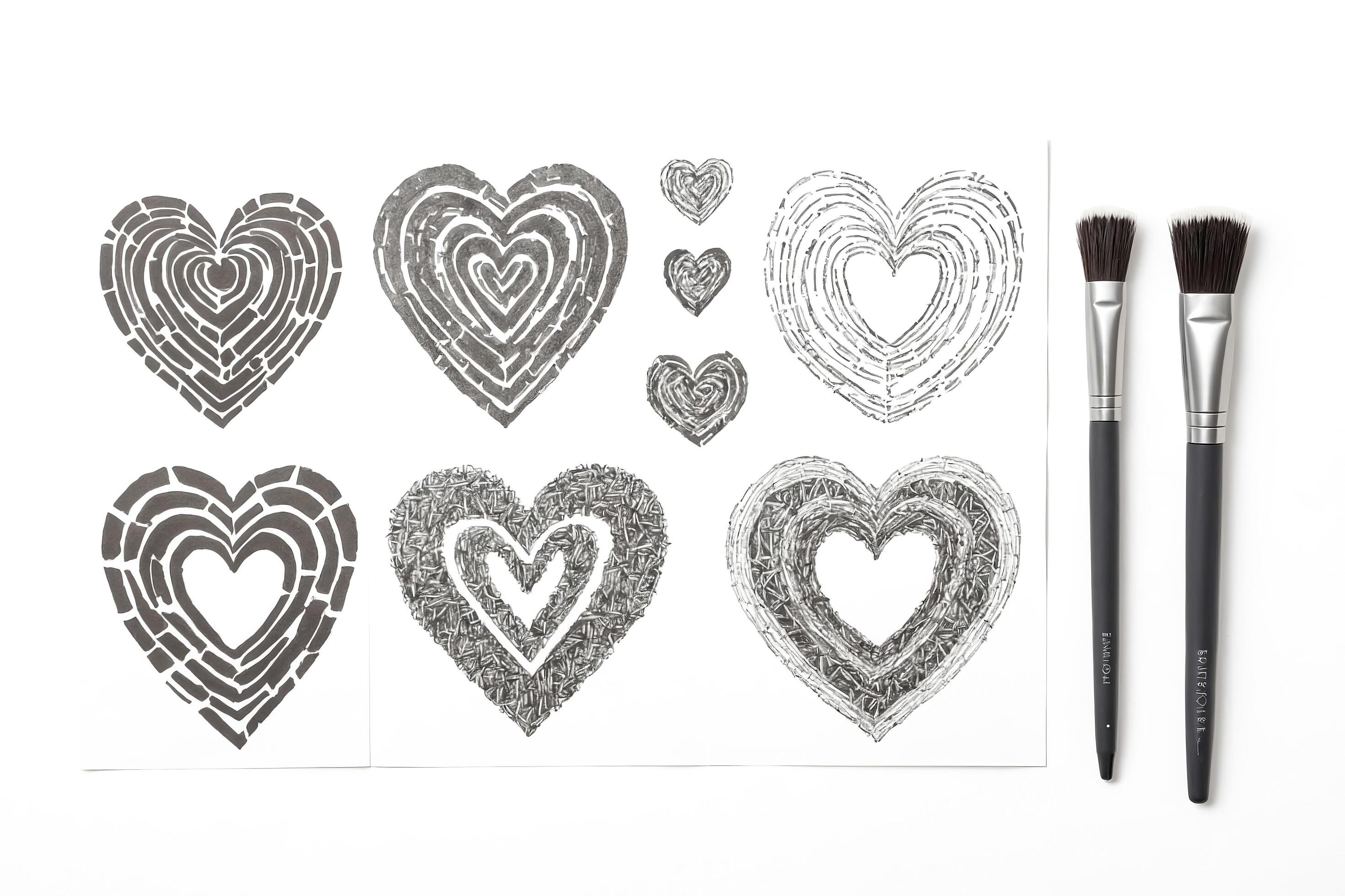 Hand-painted hearts and paintbrushes on a white background Stock Free