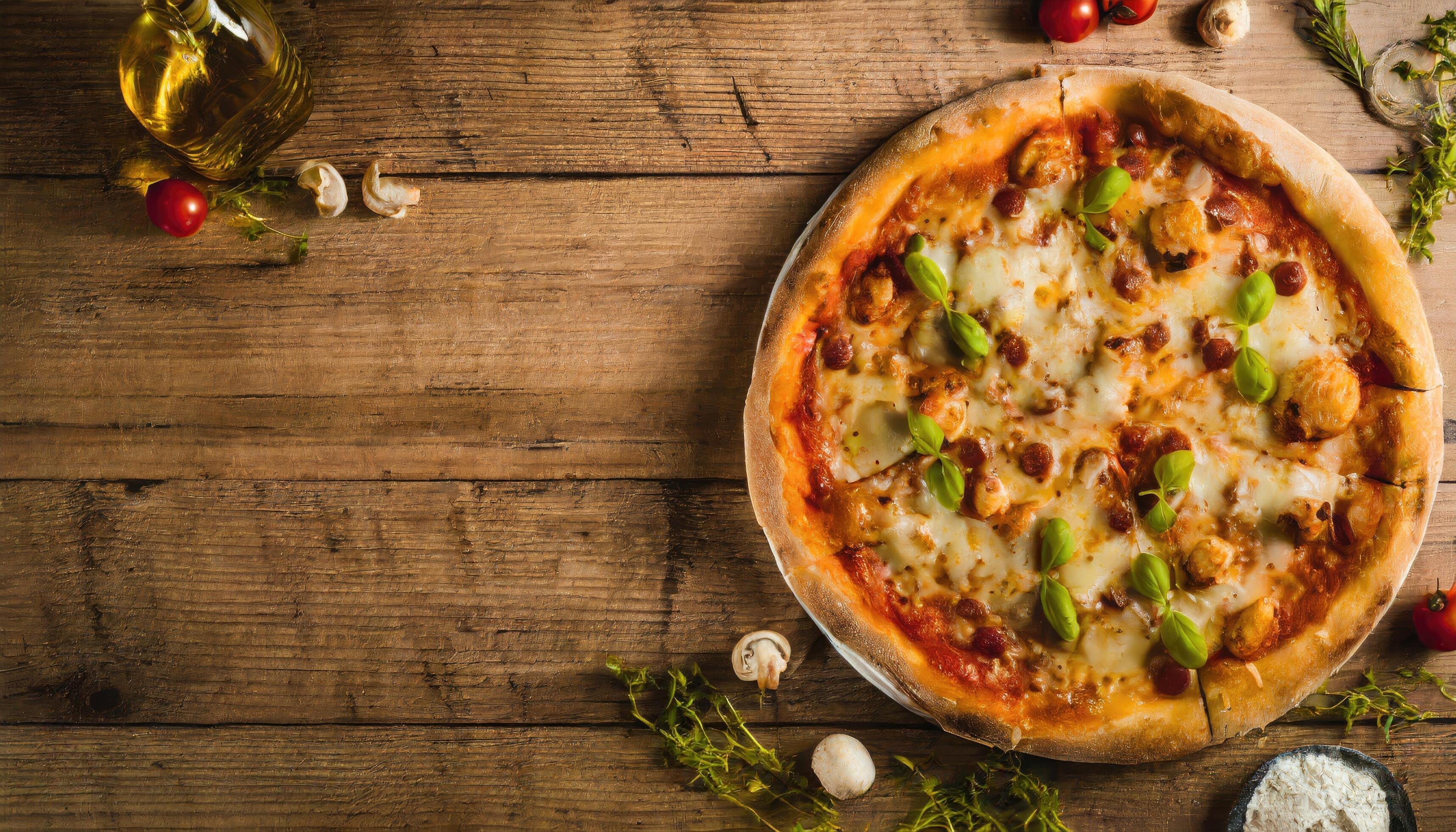 Copy Space image of Pizza Margherita on wooden background, Pizza Margarita with Tomatoes, Stock Free