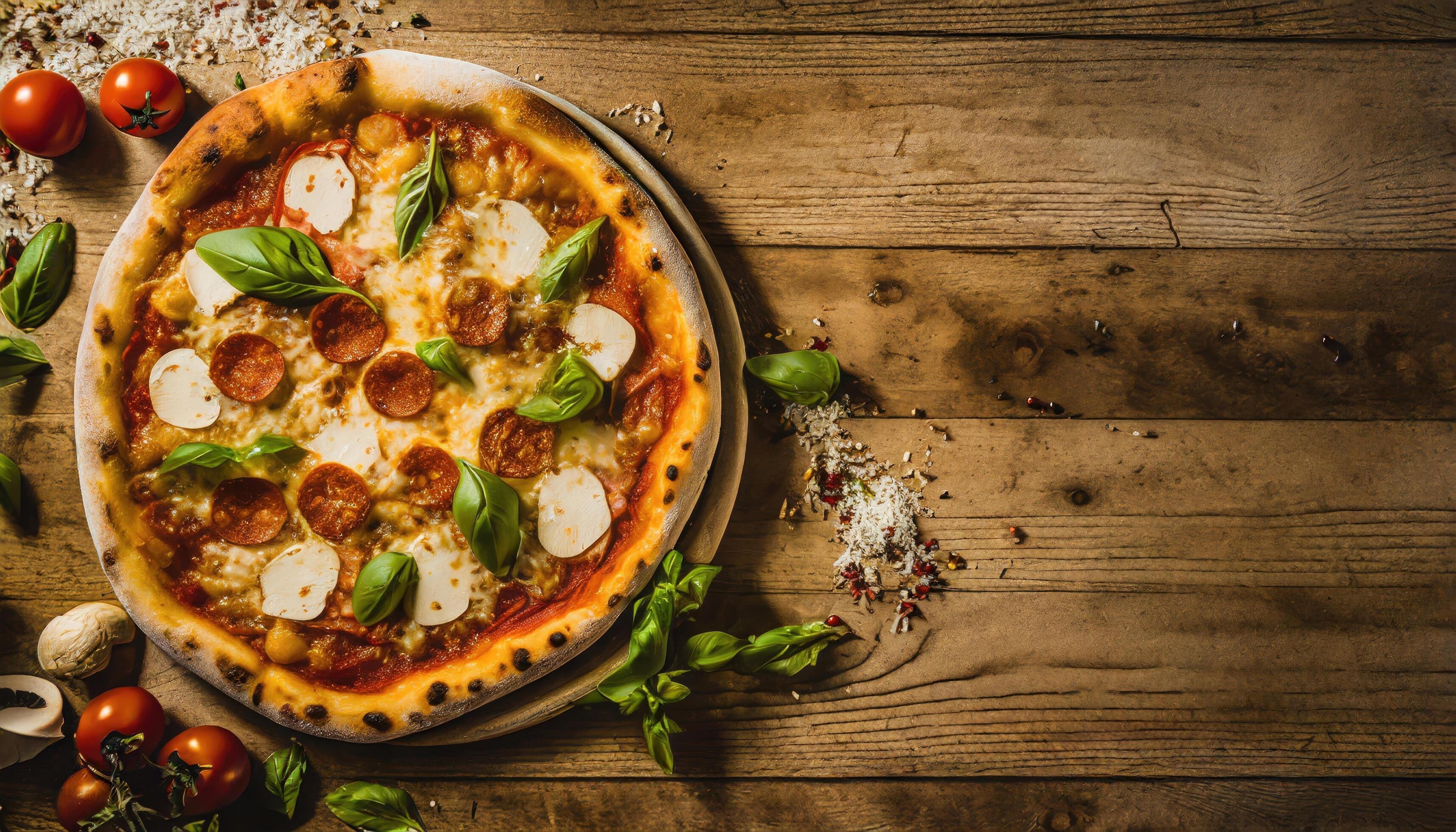 Copy Space image of Pizza Margherita on wooden background, Pizza Margarita with Tomatoes, Stock Free