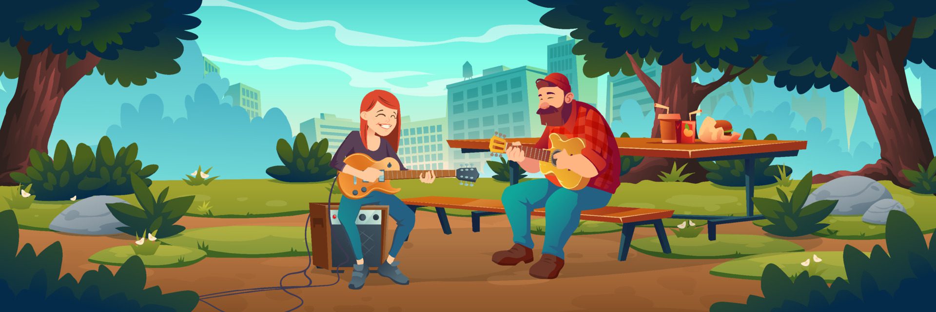 People play music in city park Free Vector