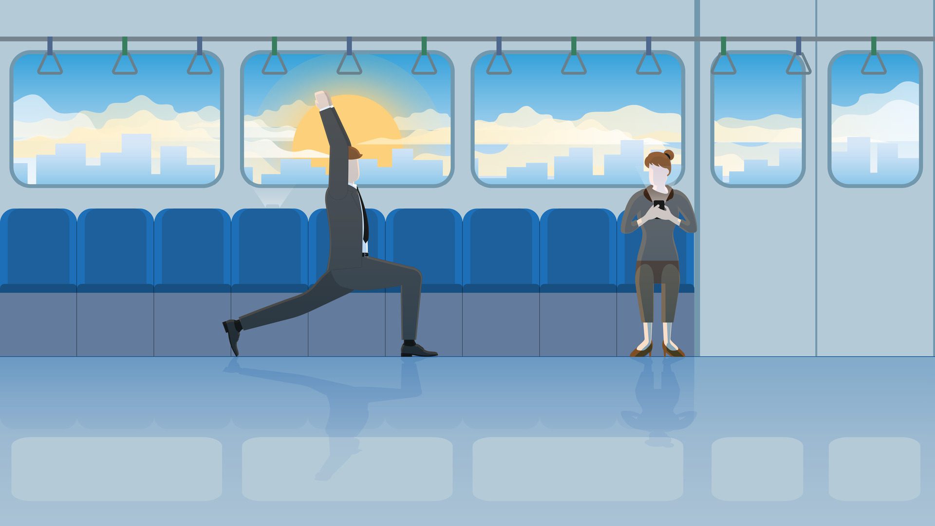 Office people relaxation after work. Yoga posture businessman does yoga pose balance in train Free Vector