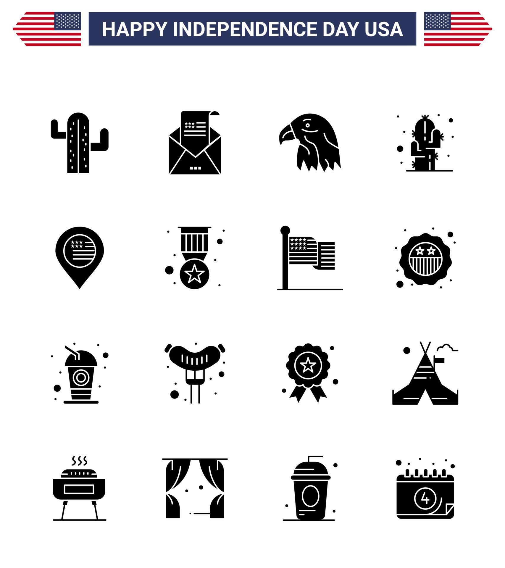 16 USA Solid Glyph Pack of Independence Day Signs and Symbols of american plant mail flower usa Editable USA Day Vector Design Elements Stock Free