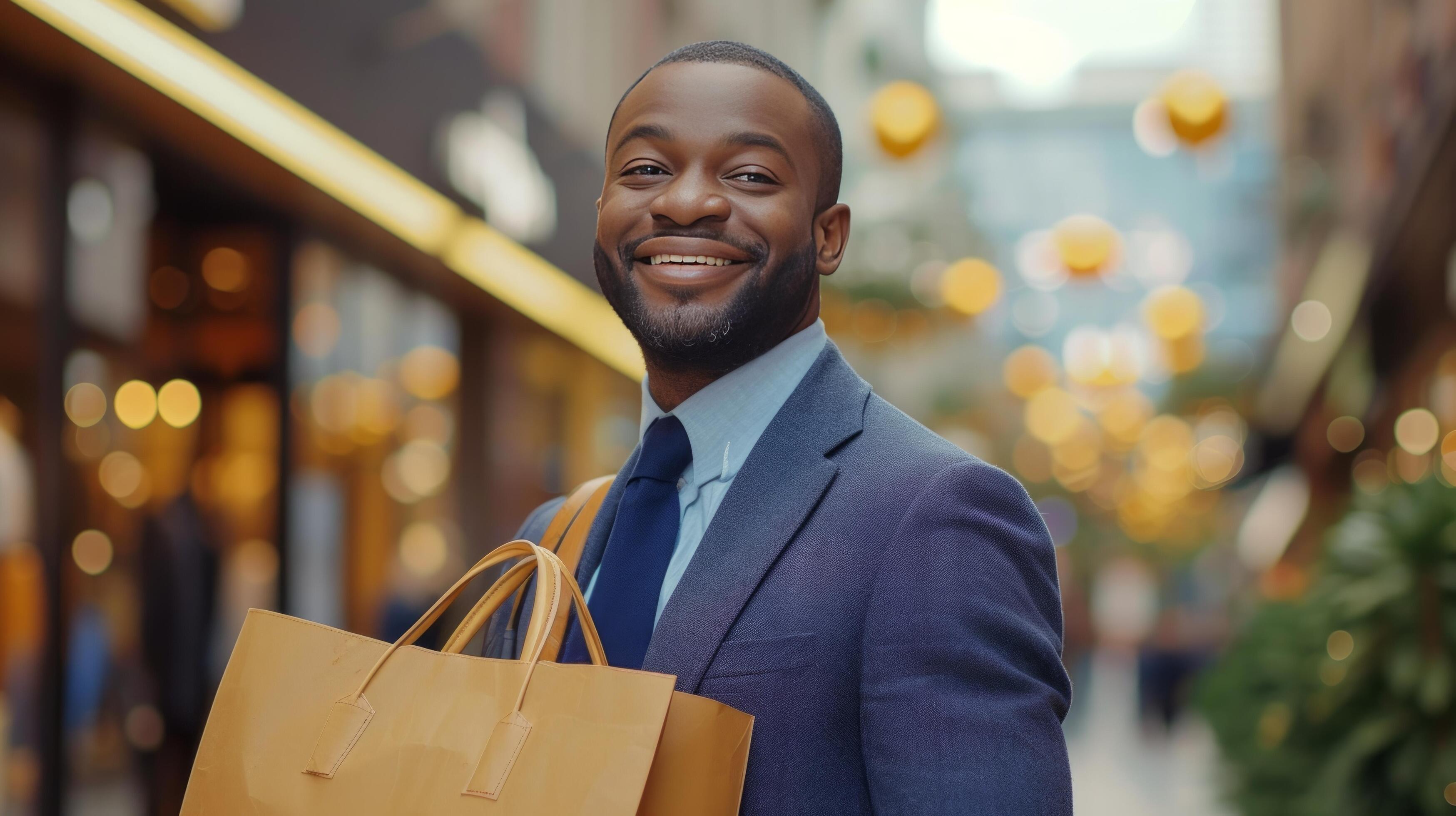 AI generated A Business Man Delights in Shopping for Gifts at the Mall Stock Free