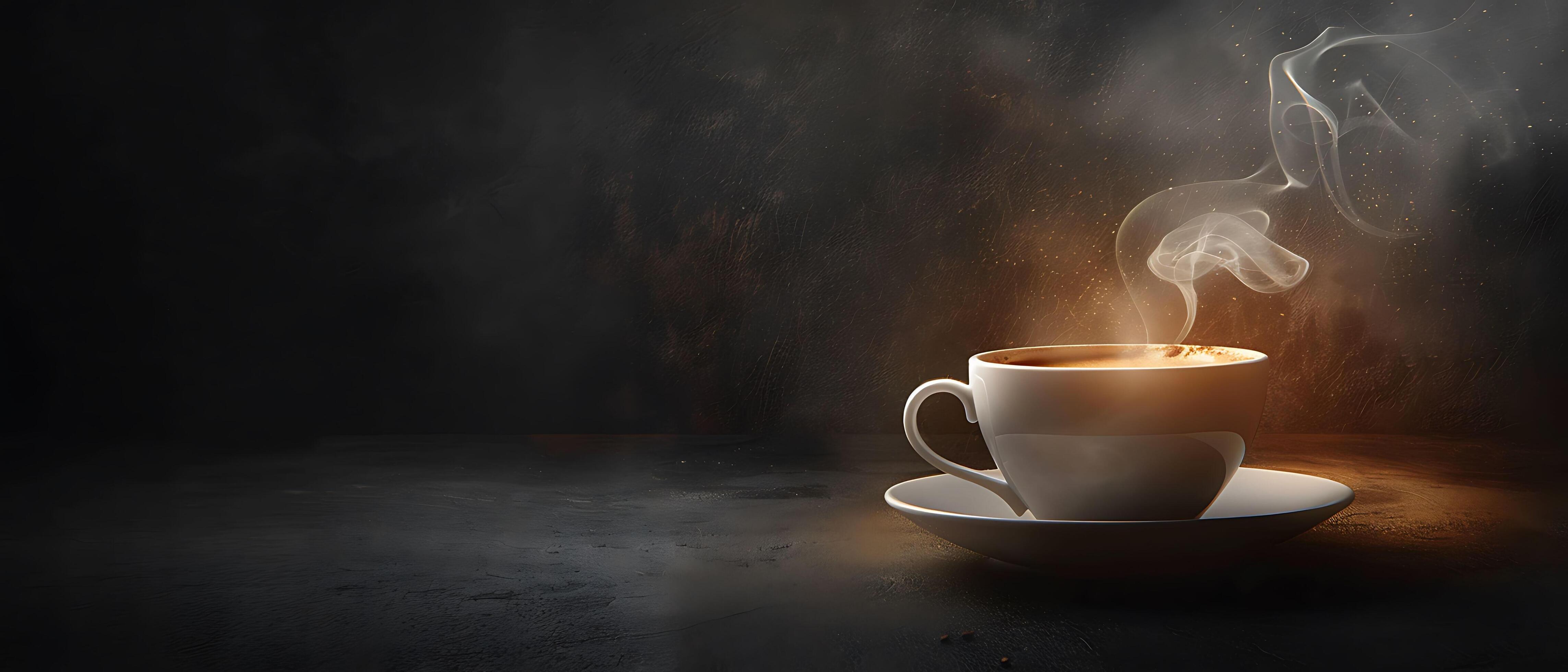 Cozy Coffee Delight with Steam on Dark Background, Copy Space for Text – Warm and Rich Freshly Brewed Aroma Concept Stock Free