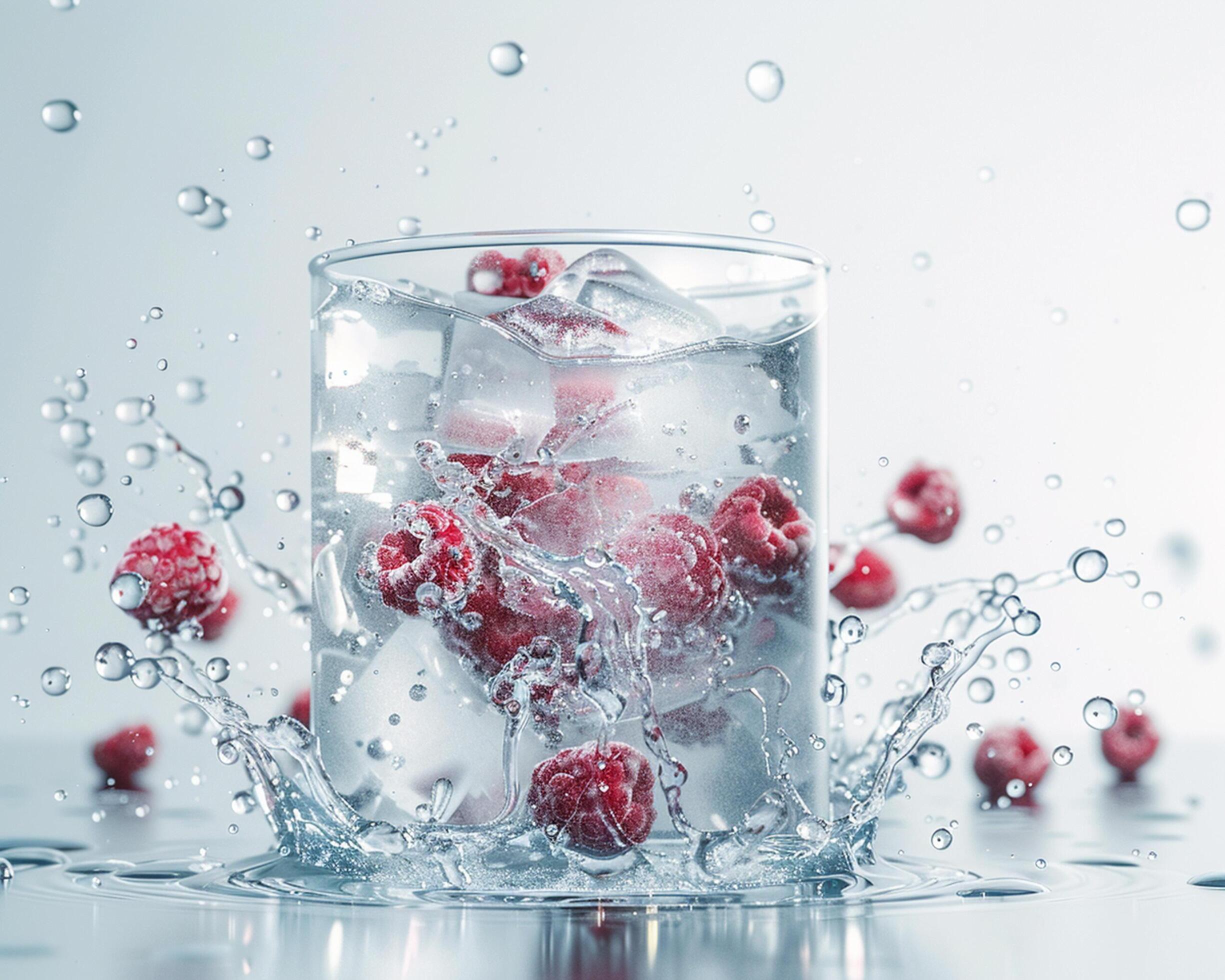 water splash with raspberries on white background Stock Free