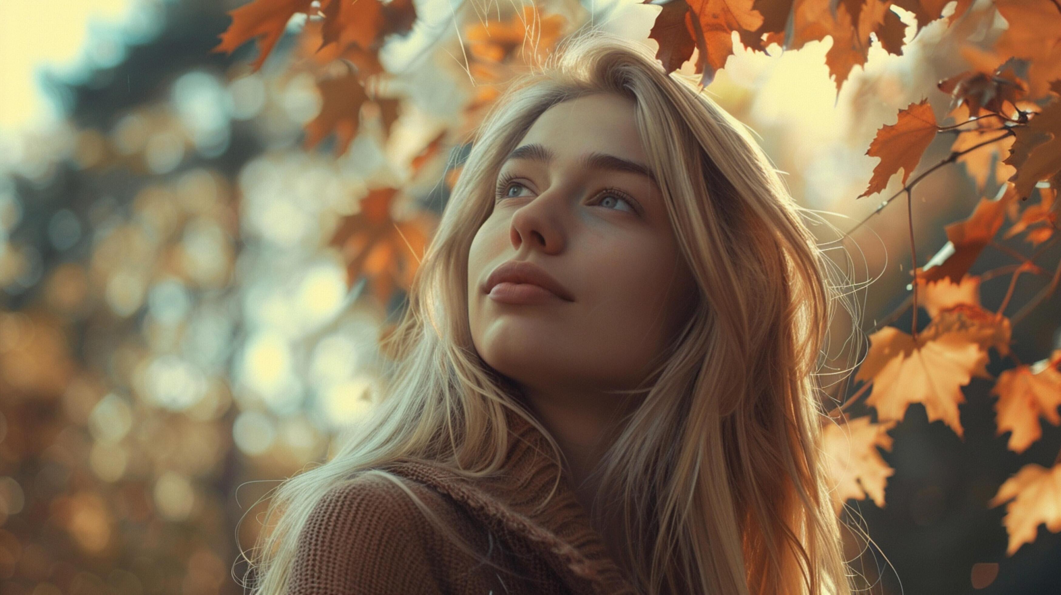 young woman with long blond hair enjoying autumn Stock Free