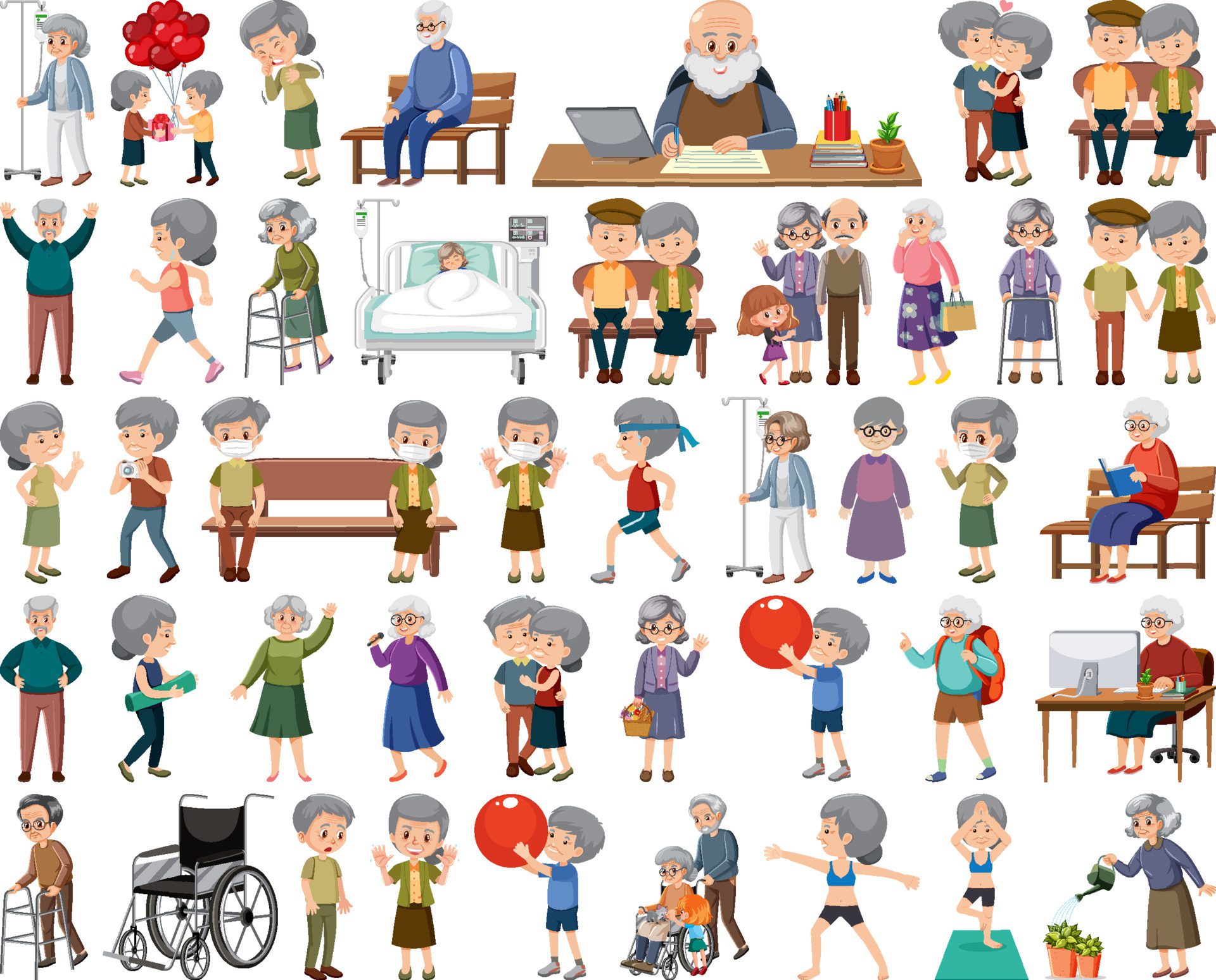 Collection of elderly people icons Free Vector