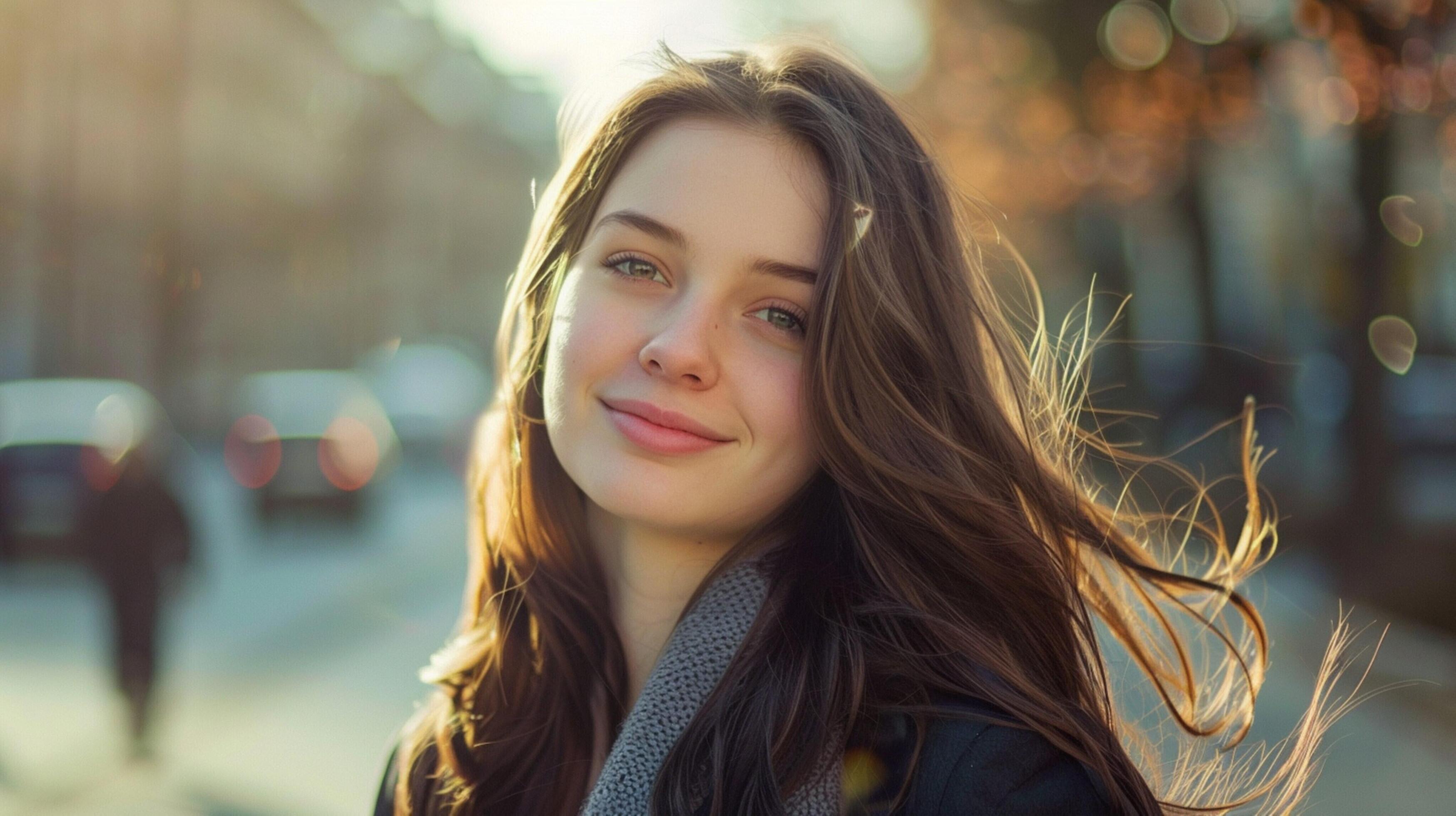 young woman with long brown hair smiling Stock Free