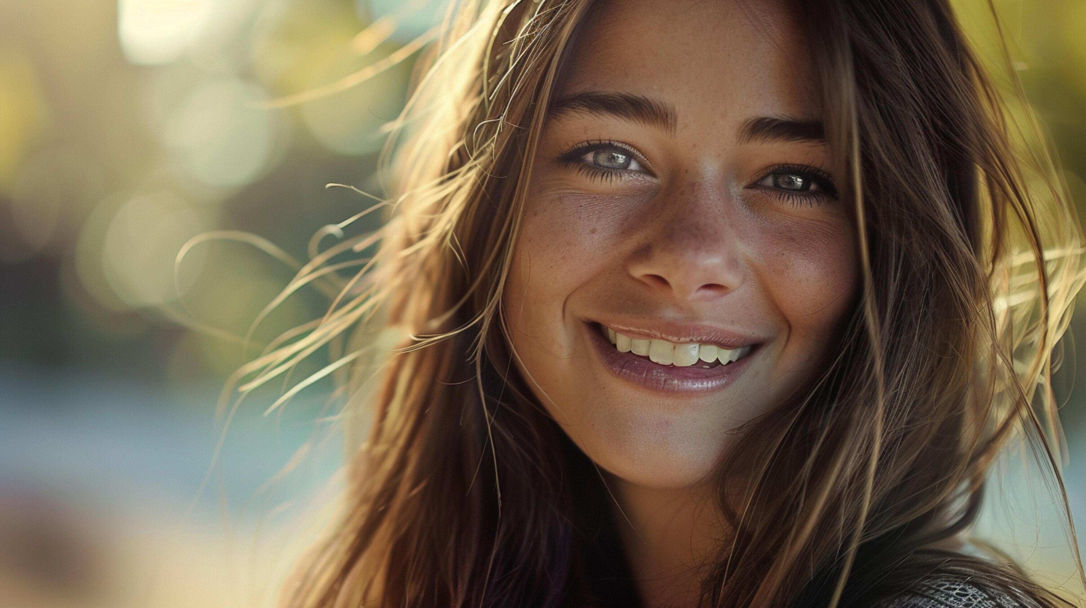 young woman with long brown hair smiling Stock Free