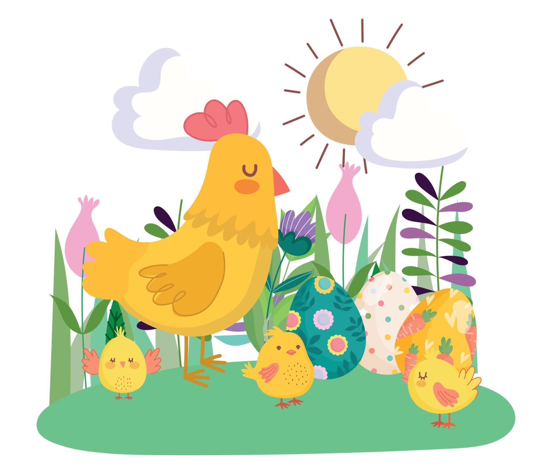 happy easter cute hen and chickens with eggs flowers floral sun day Stock Free