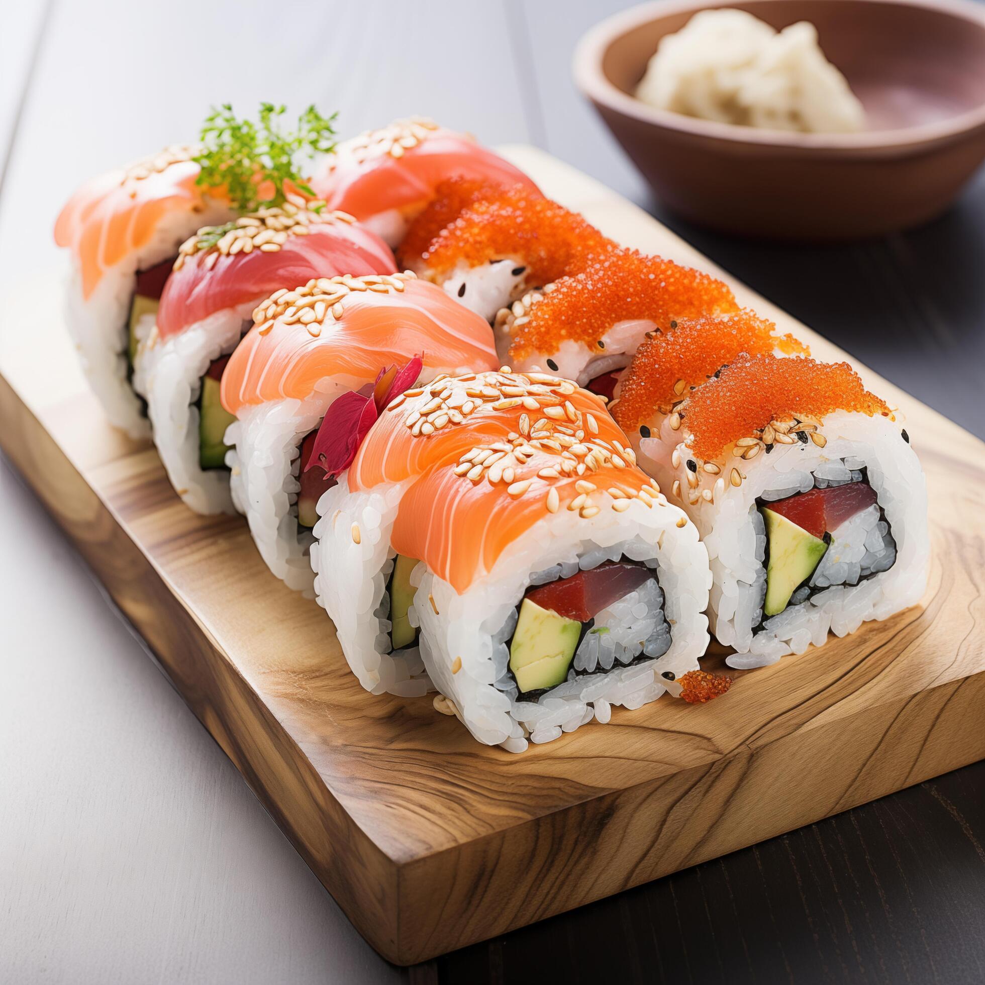 Wooden desk with different kinds of sushi isolated on white background. Photo for restaurant menu, advertising, delivery, banner Stock Free