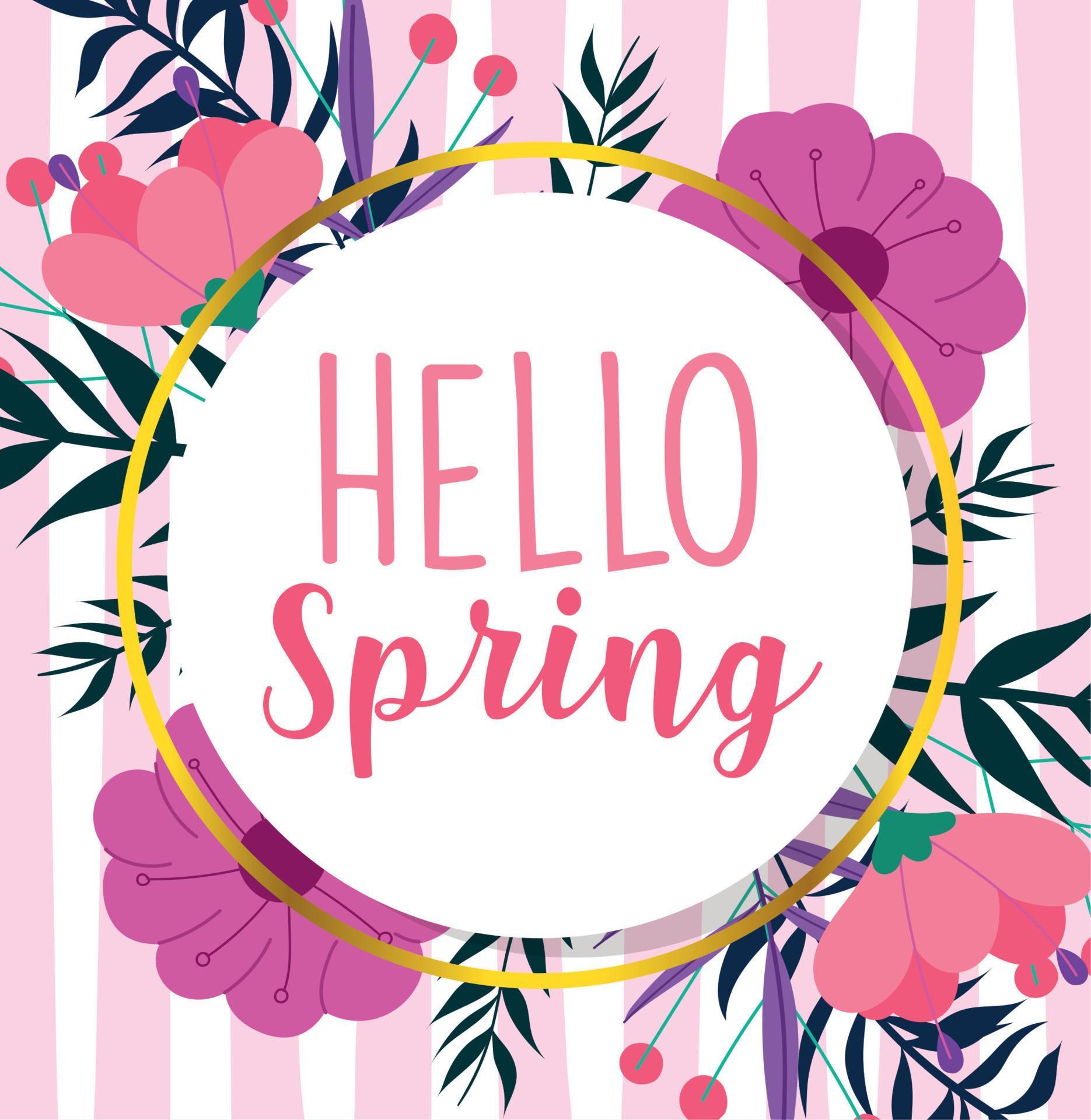 hello spring, round badge flowers leaves season background Stock Free