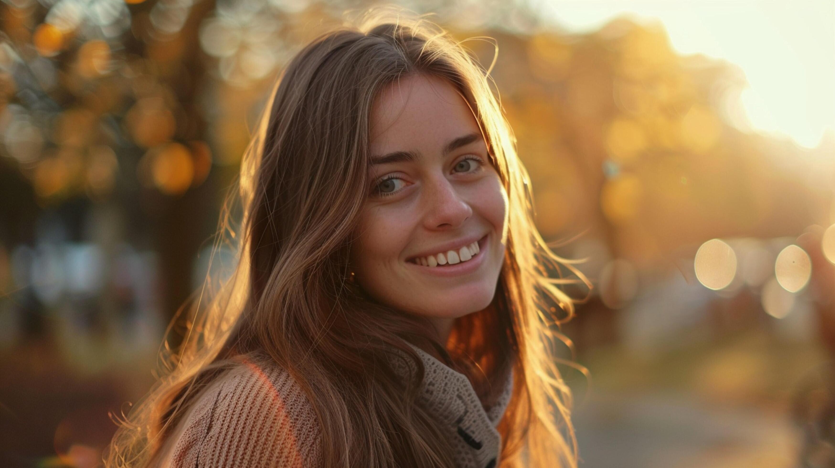 young woman with long brown hair smiling Stock Free