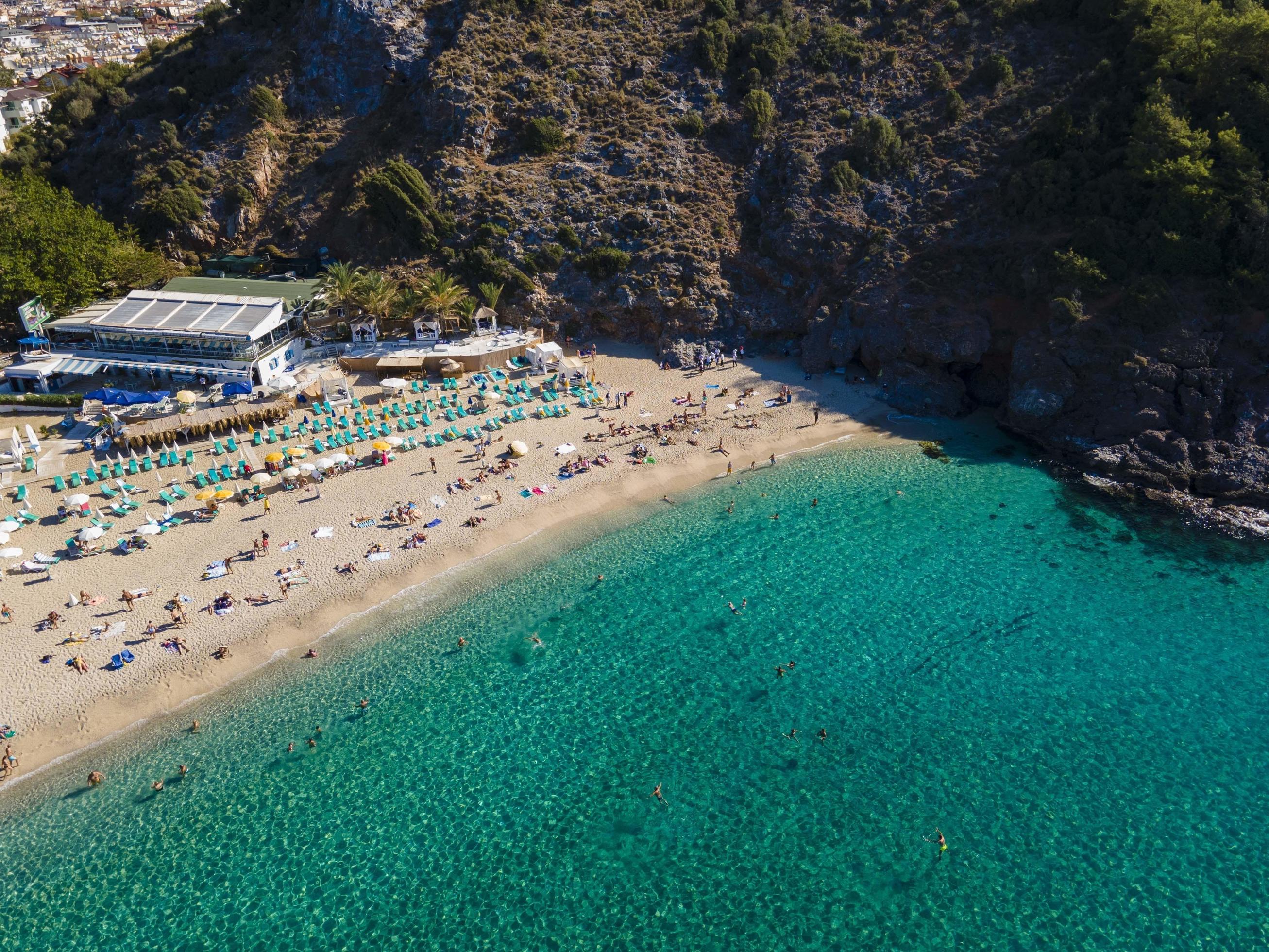 world famous Alanya Cleopatra beach. aerial photo of the beach. amazing summer vacation Stock Free