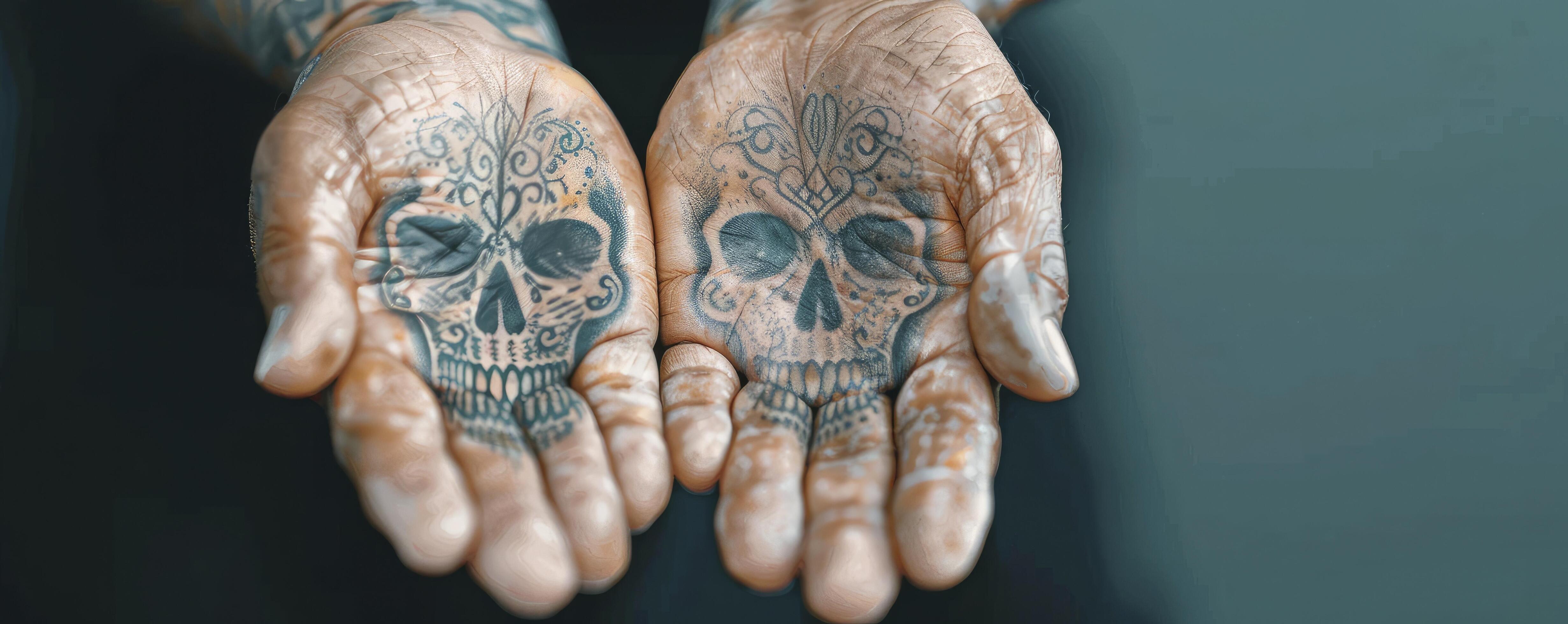 Two hands with skull tattoos dark background Stock Free