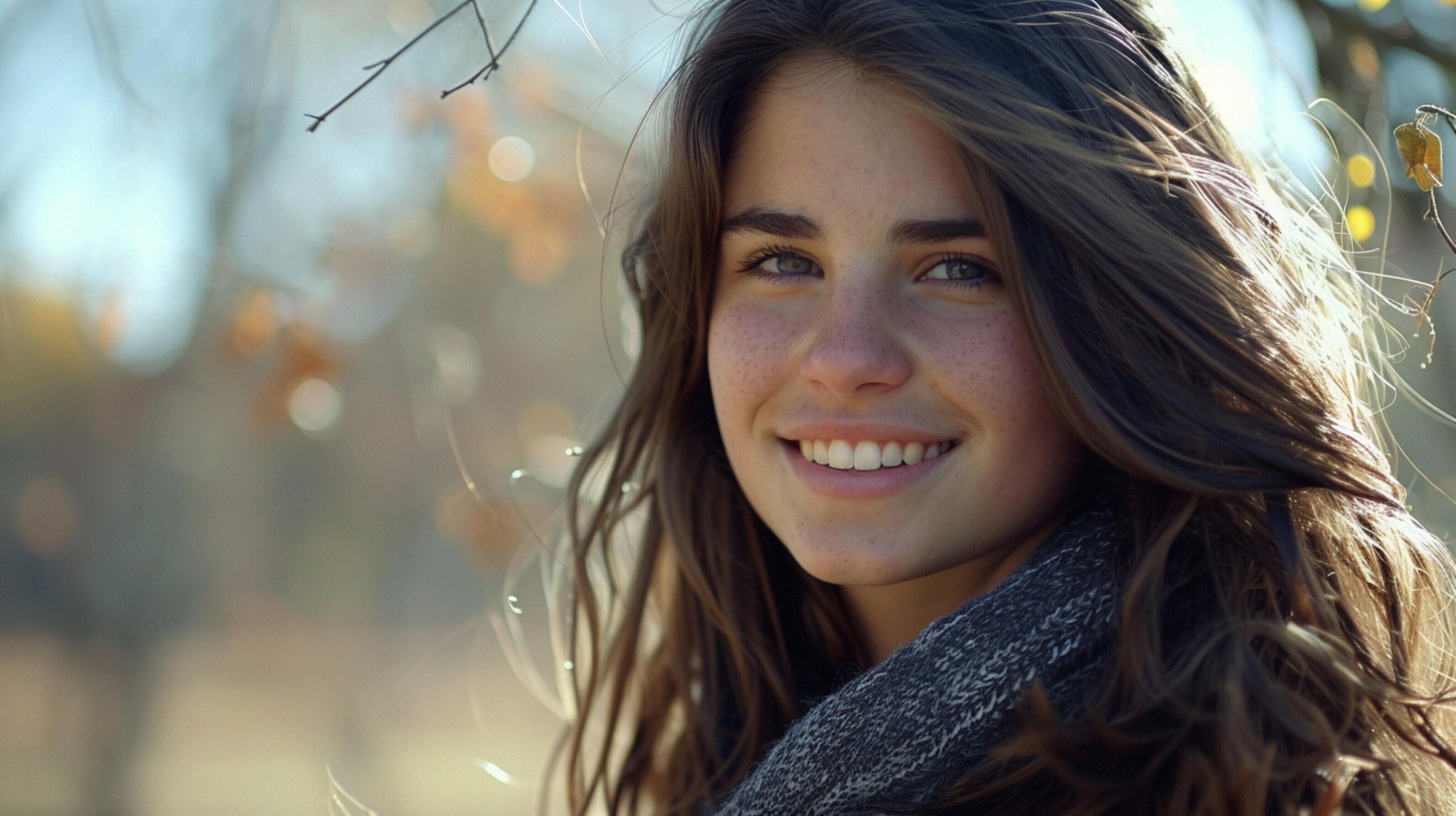 young woman with long brown hair smiling Stock Free