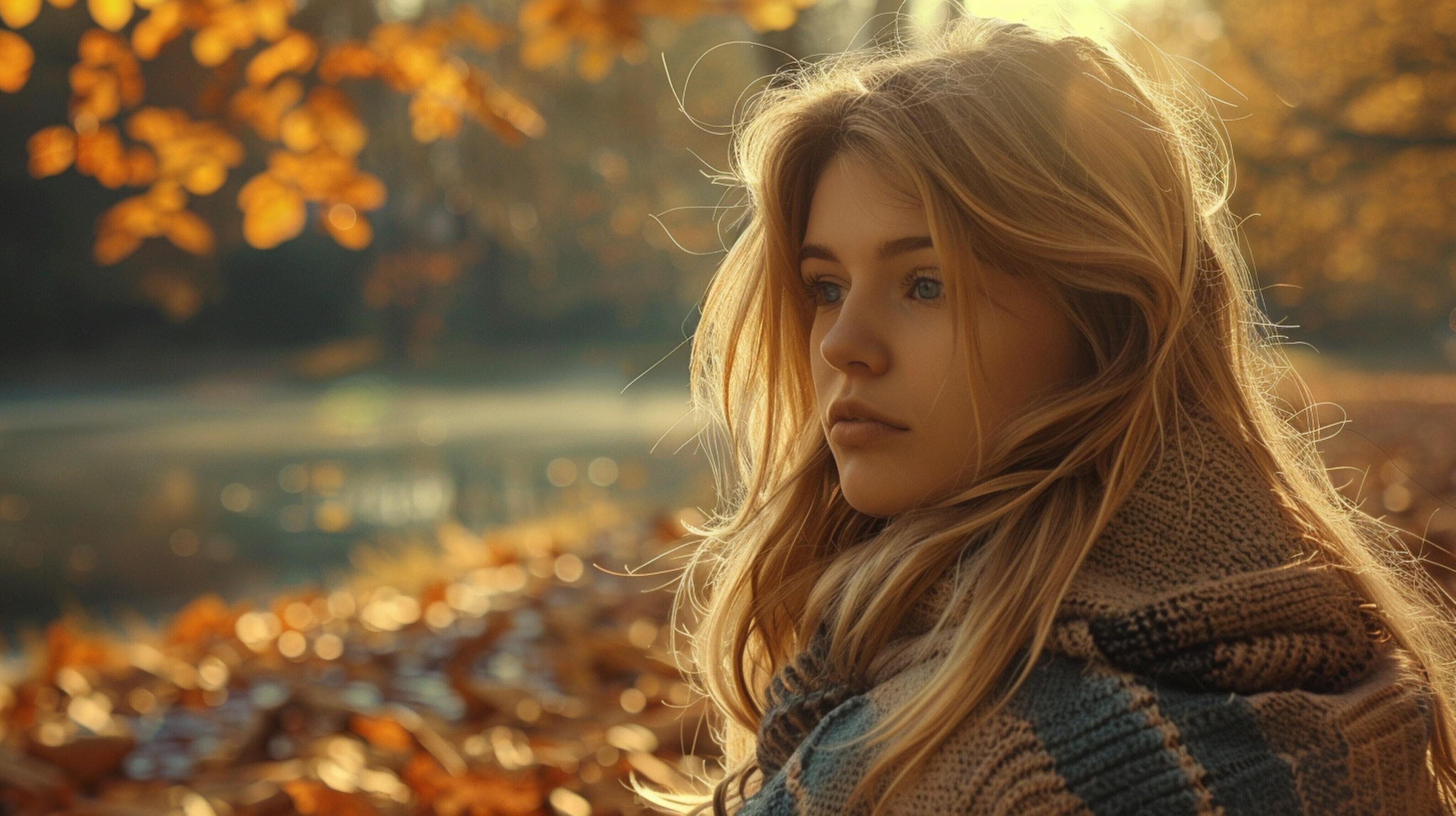 young woman with long blond hair enjoying autumn Stock Free