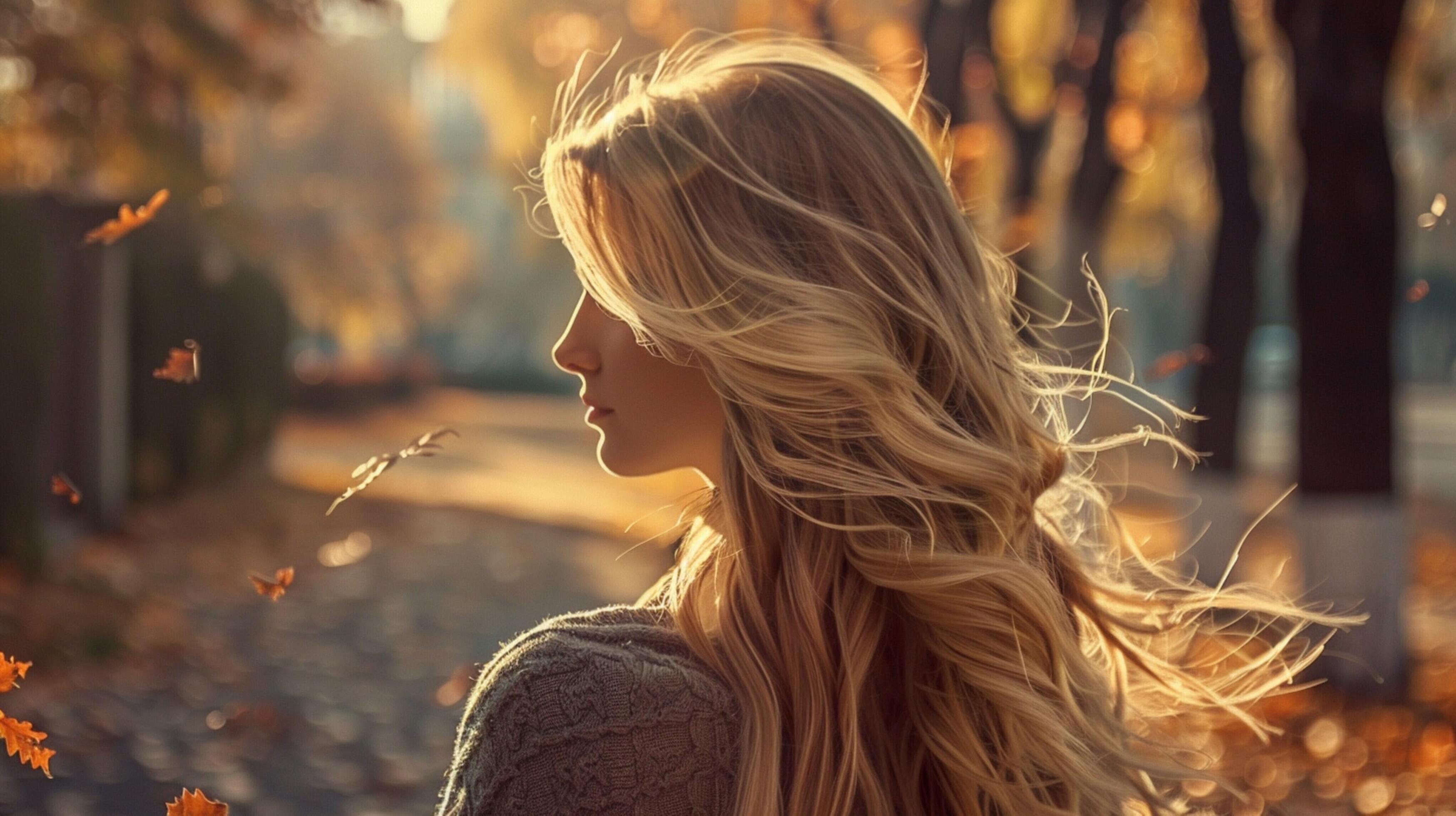 young woman with long blond hair enjoying autumn Stock Free