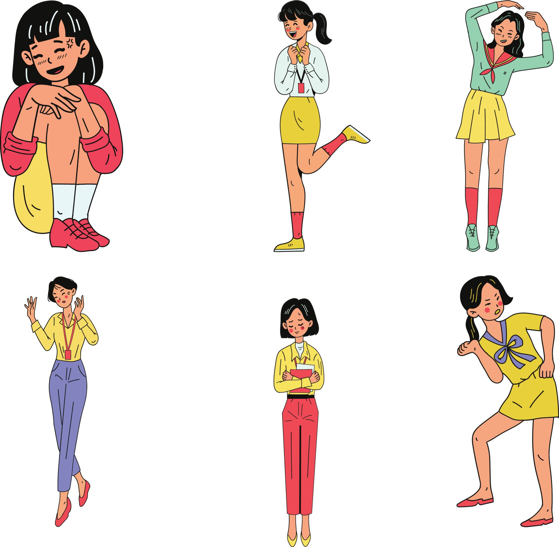 Set of beautiful girls in different poses. Vector illustration in cartoon style. Free Vector