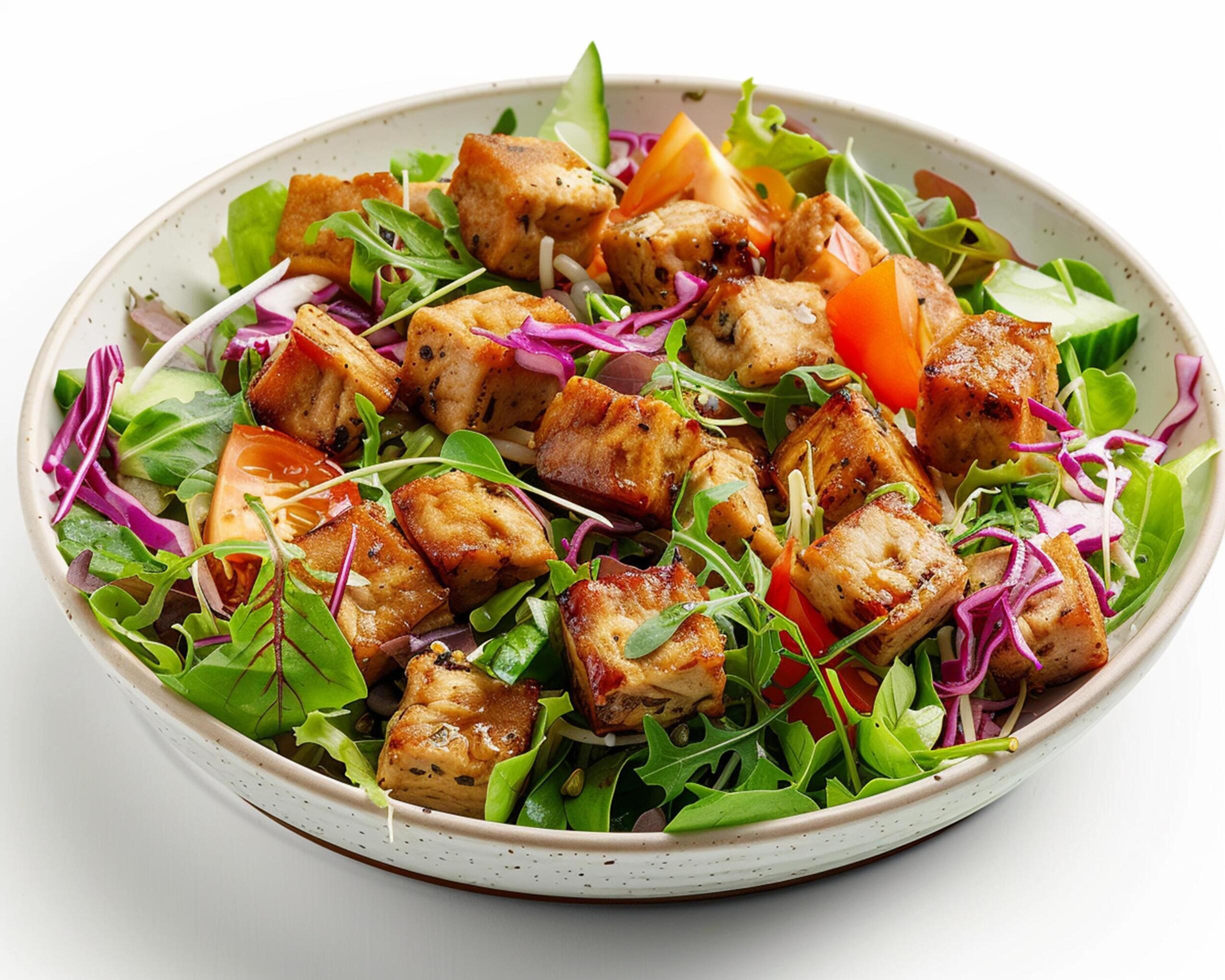 a bowl of salad with tofu, greens and tomatoes Stock Free