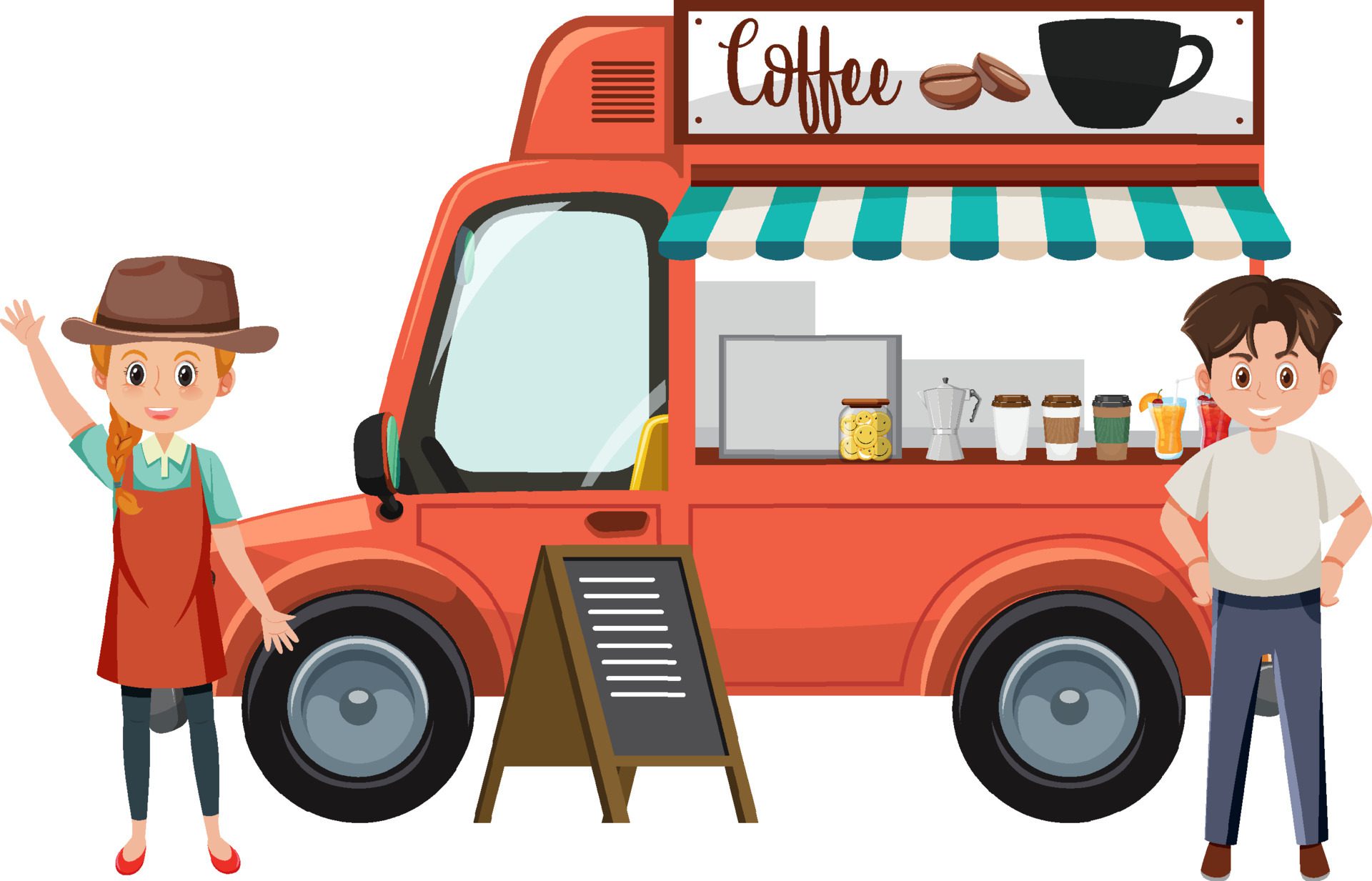 Happy people and coffee truck Free Vector