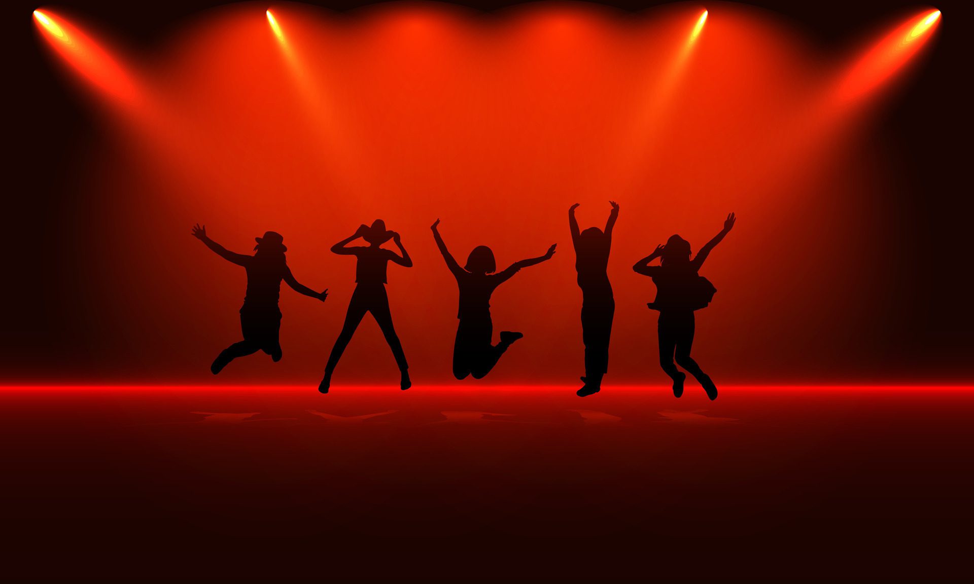 silhouette Group People Jump with Red Spotlight Background illustration concept Happy Success Free Vector