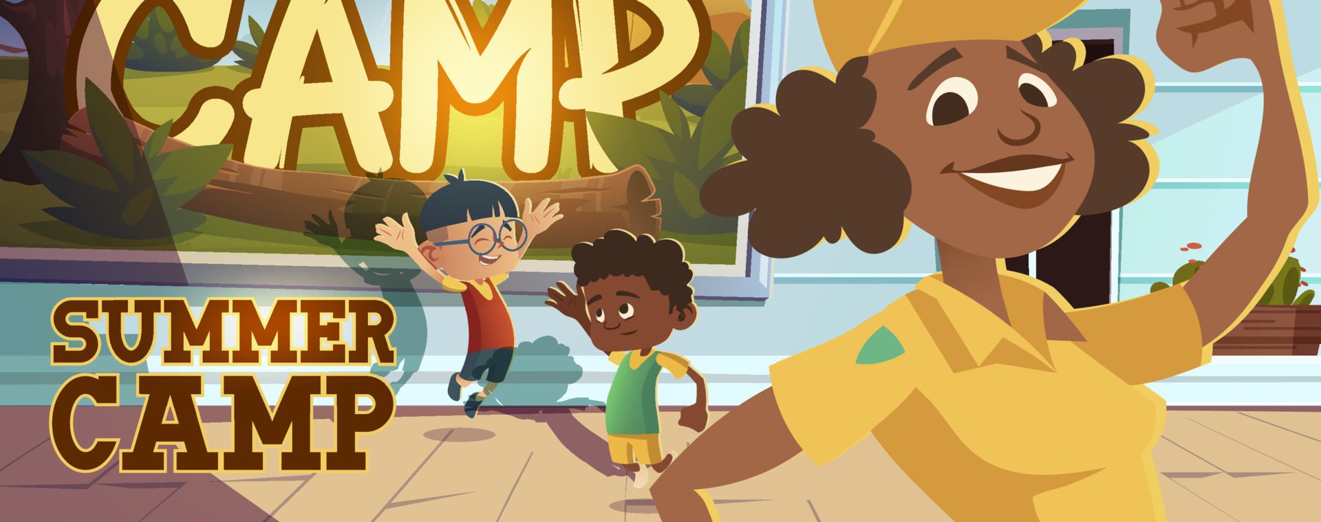 Summer camp poster with people going to hike Free Vector