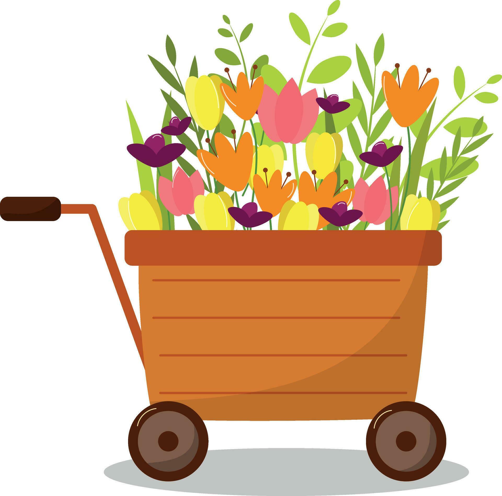 a wooden cart filled with flowers vector Stock Free