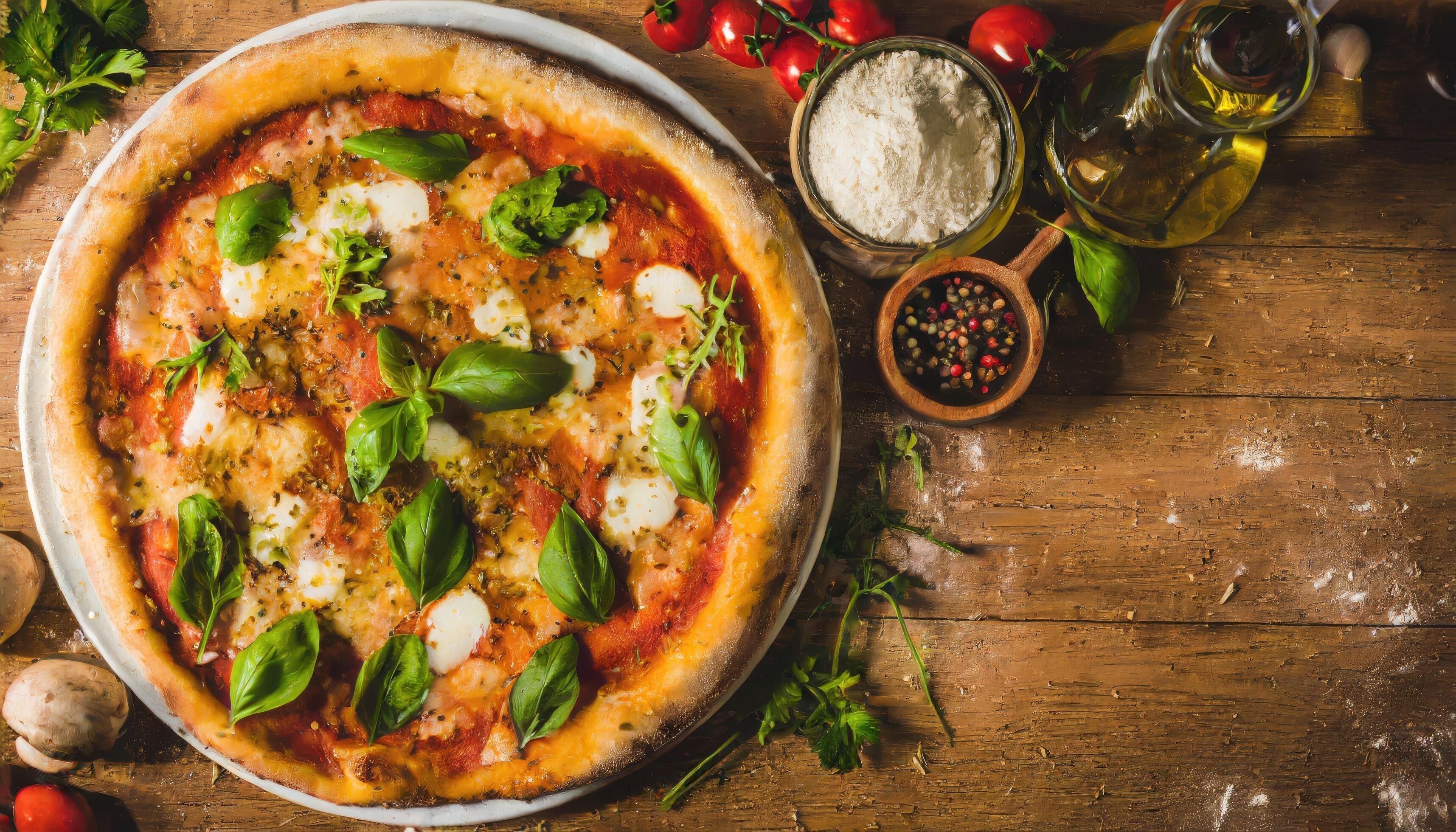 Copy Space image of Pizza Margherita on wooden background, Pizza Margarita with Tomatoes, Stock Free