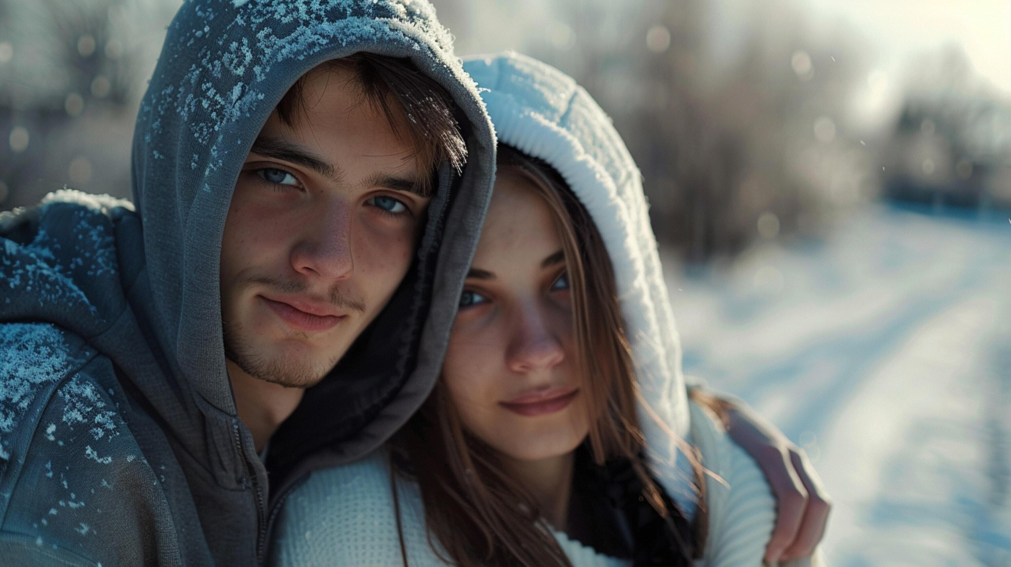 young couple in hooded shirts looking at camera Stock Free