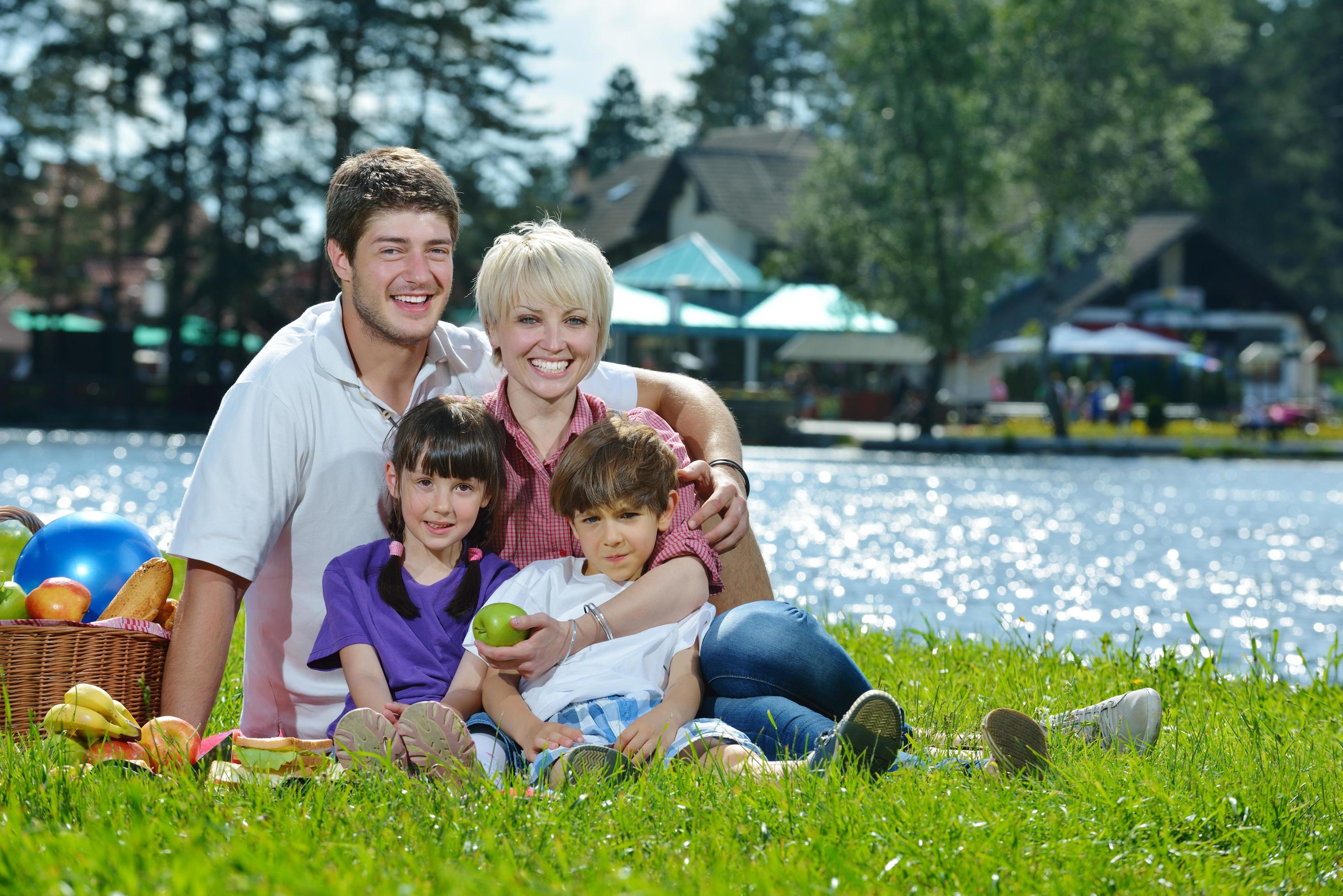 Happy family playing together in a picnic outdoors Stock Free