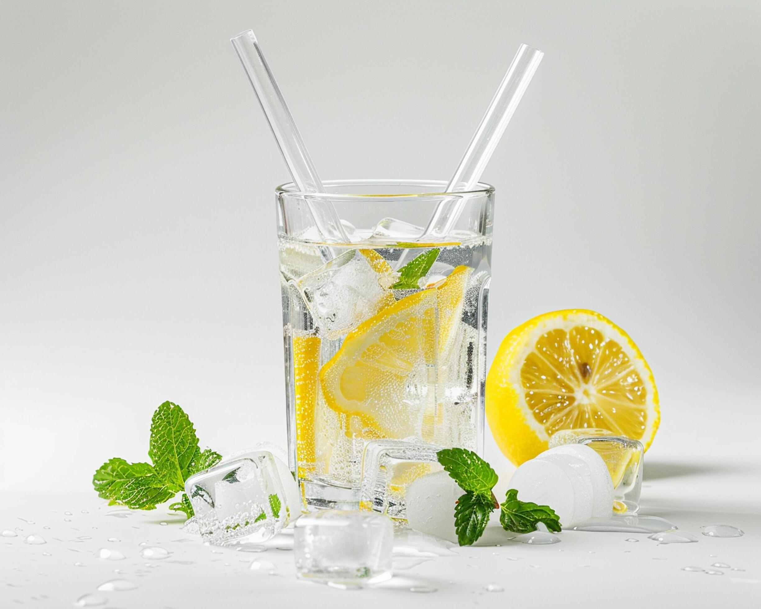 a glass of water with ice cubes and lemon slices Stock Free