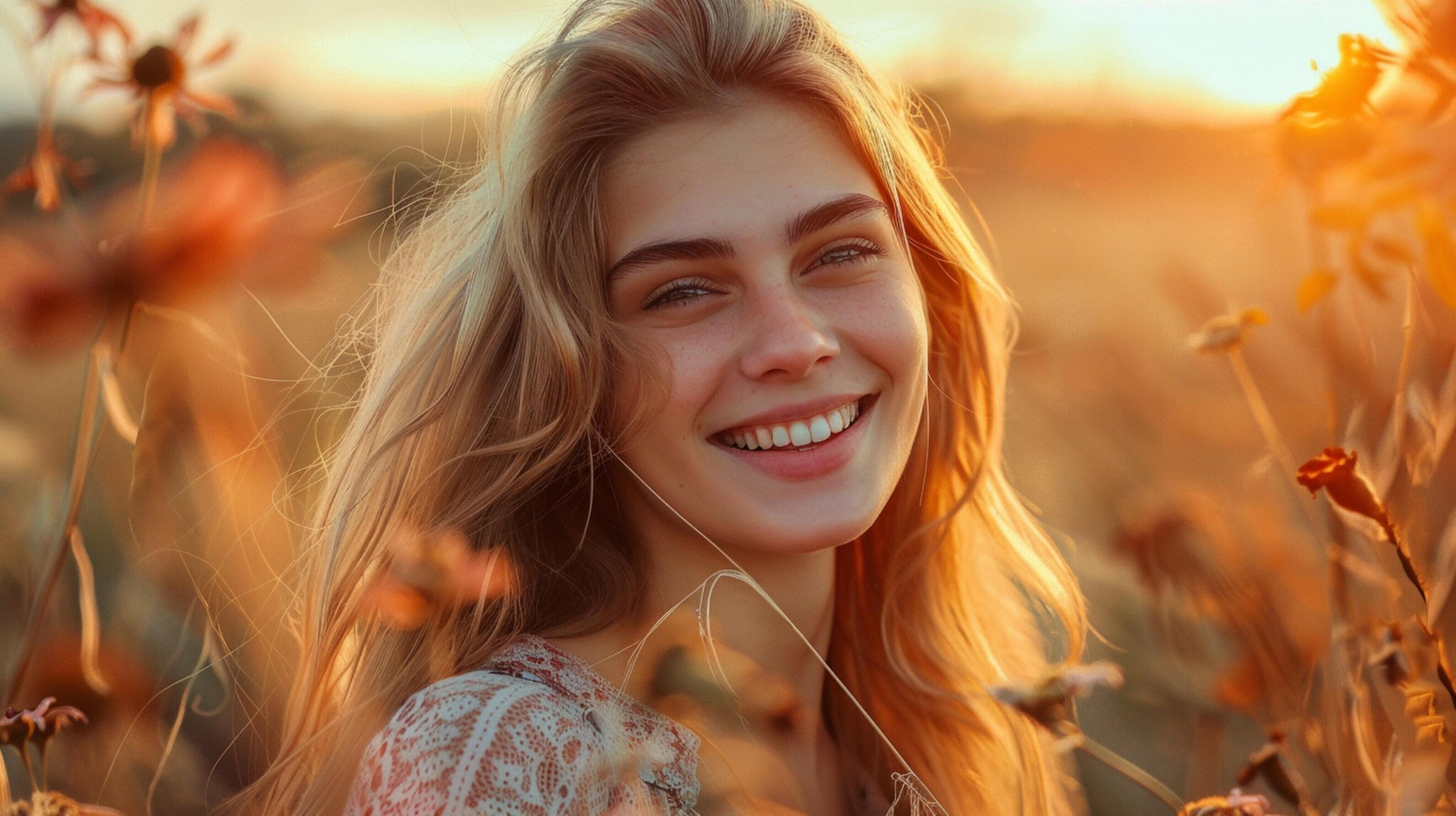 young woman smiling looking at camera surrounded Stock Free