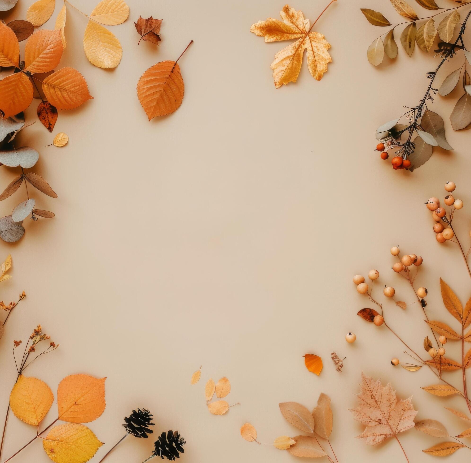 Autumn Leaves and Grasses on Tan Background Stock Free