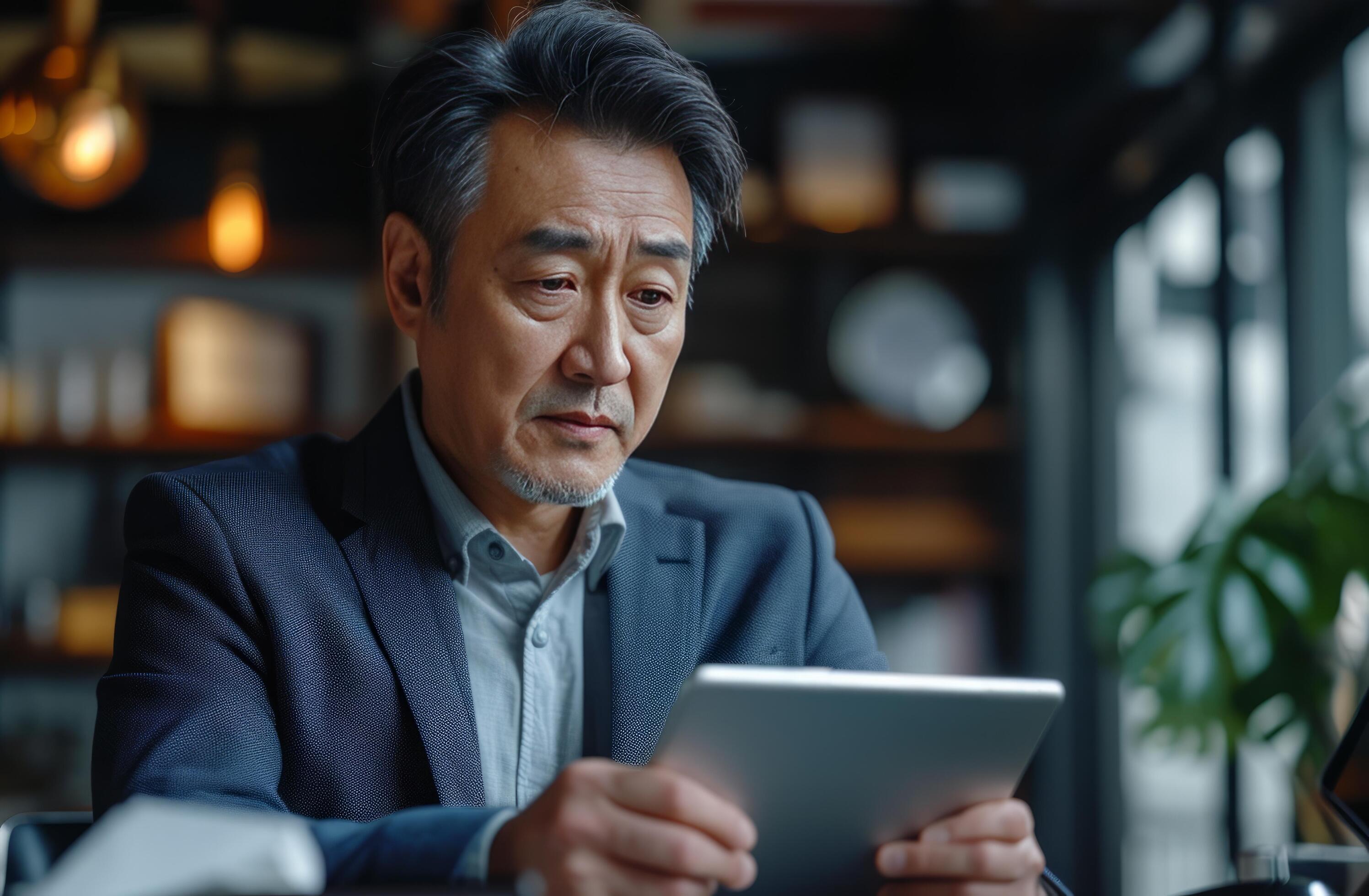 AI generated asian business man sitting at desk with tablet computer Stock Free