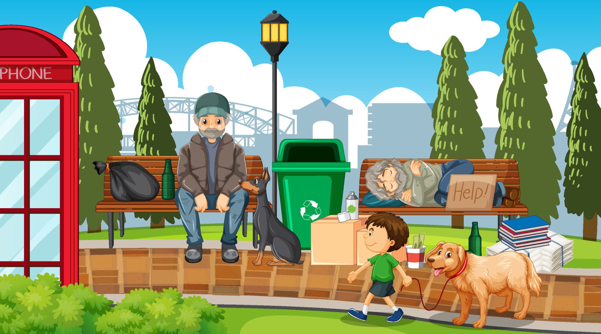 Outdoor scene with homeless people Free Vector