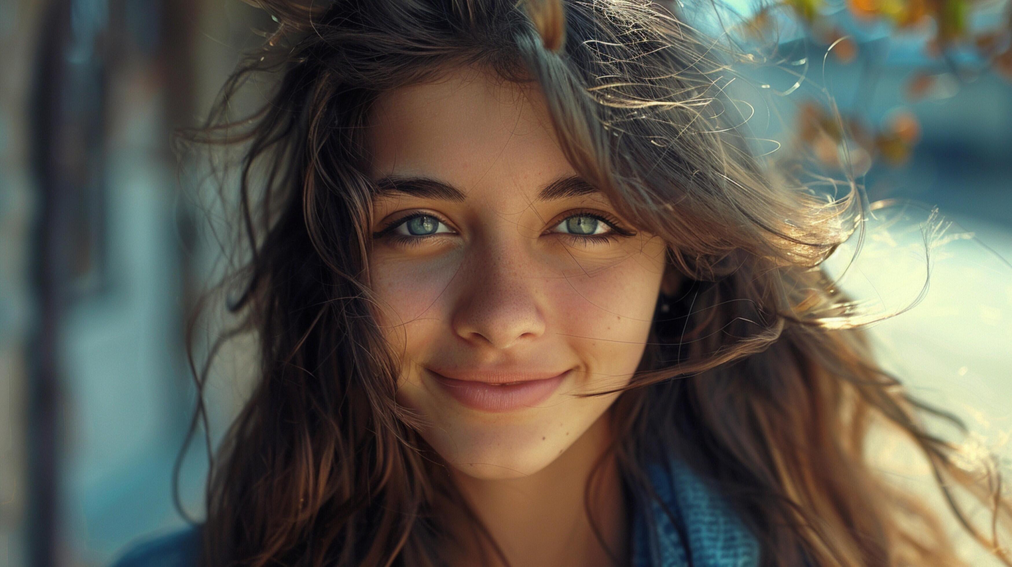 young woman with long brown hair smiling Stock Free