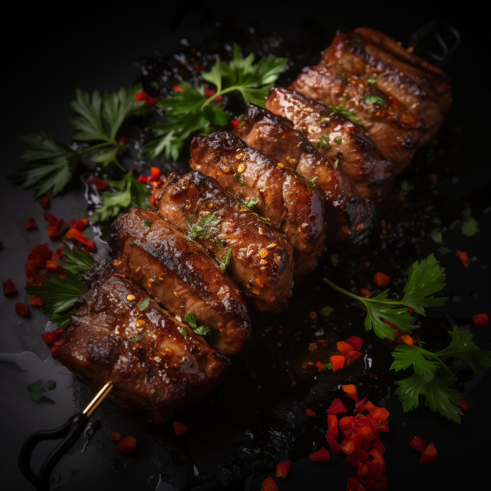 Photo of Grilled meat skewers shish kebab on black background. Photo for restaurant, menu, advertising, banner Stock Free