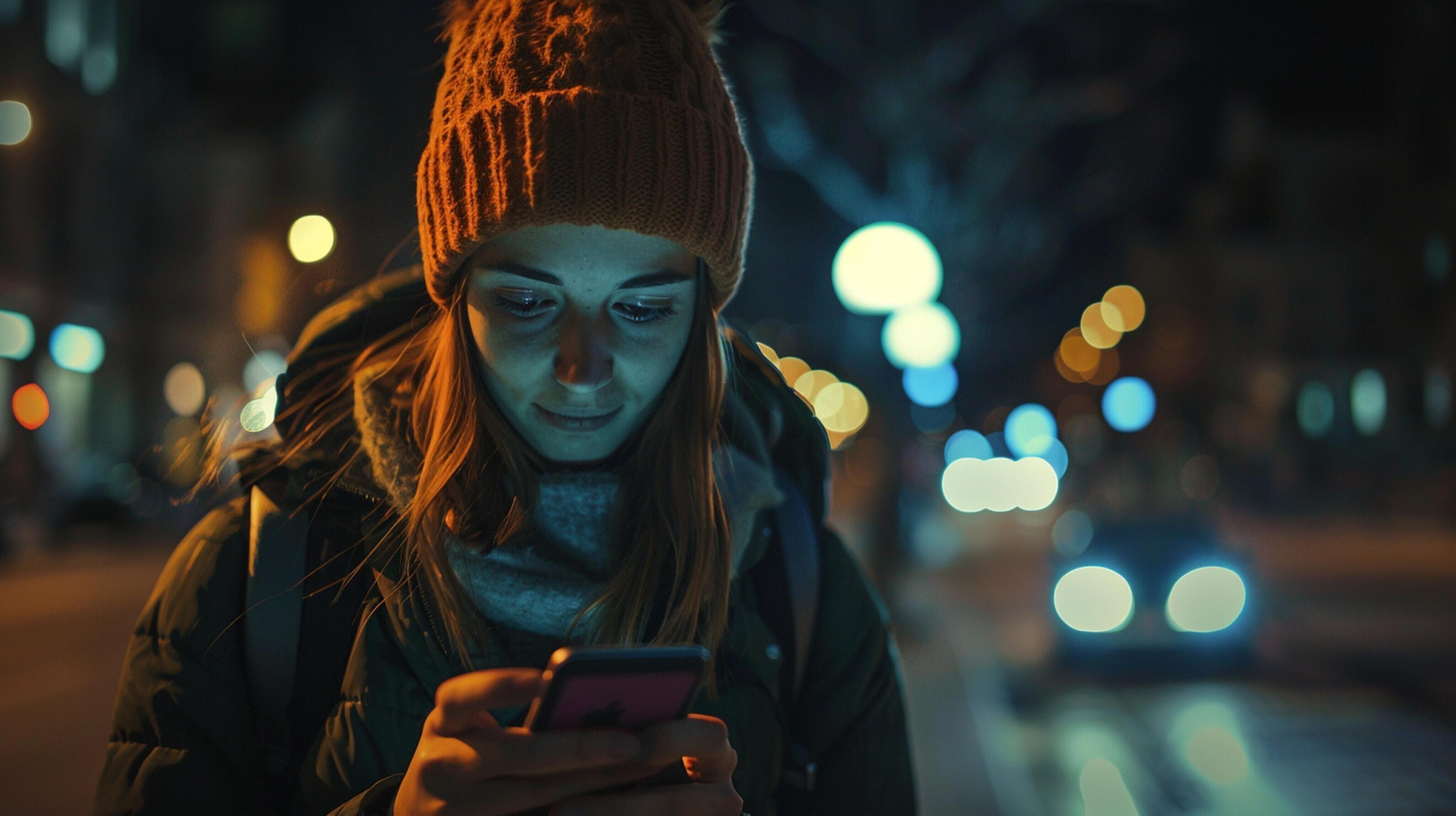 young woman illuminated night texting on phone Stock Free